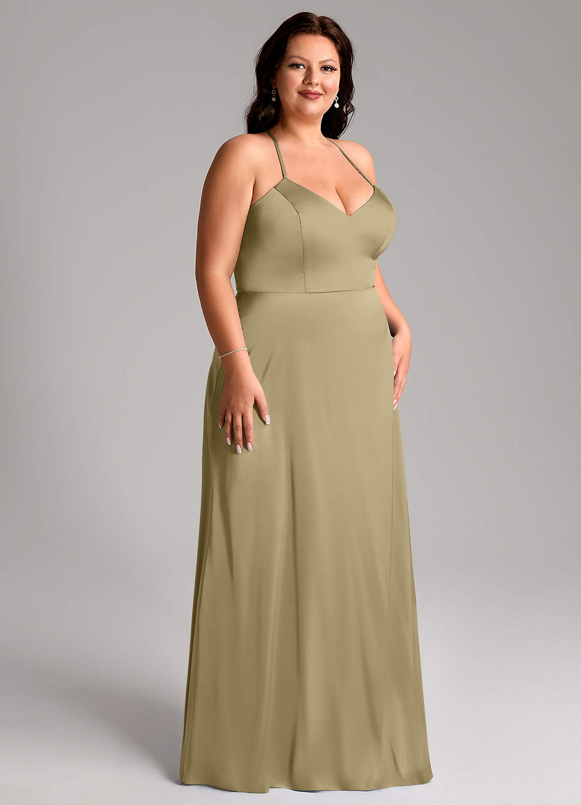 Azazie Mei Vestidos de damas de honor Vestido de Musgo Verde de Satén Elástico de Corte en A con Cuello en V image9
