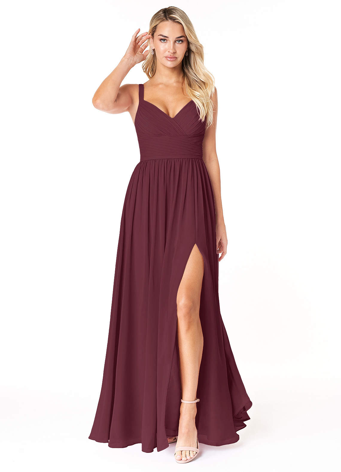 Azazie A-Line V-Neck Floor-Length Chiffon Bridesmaid Dresses - Cabernet