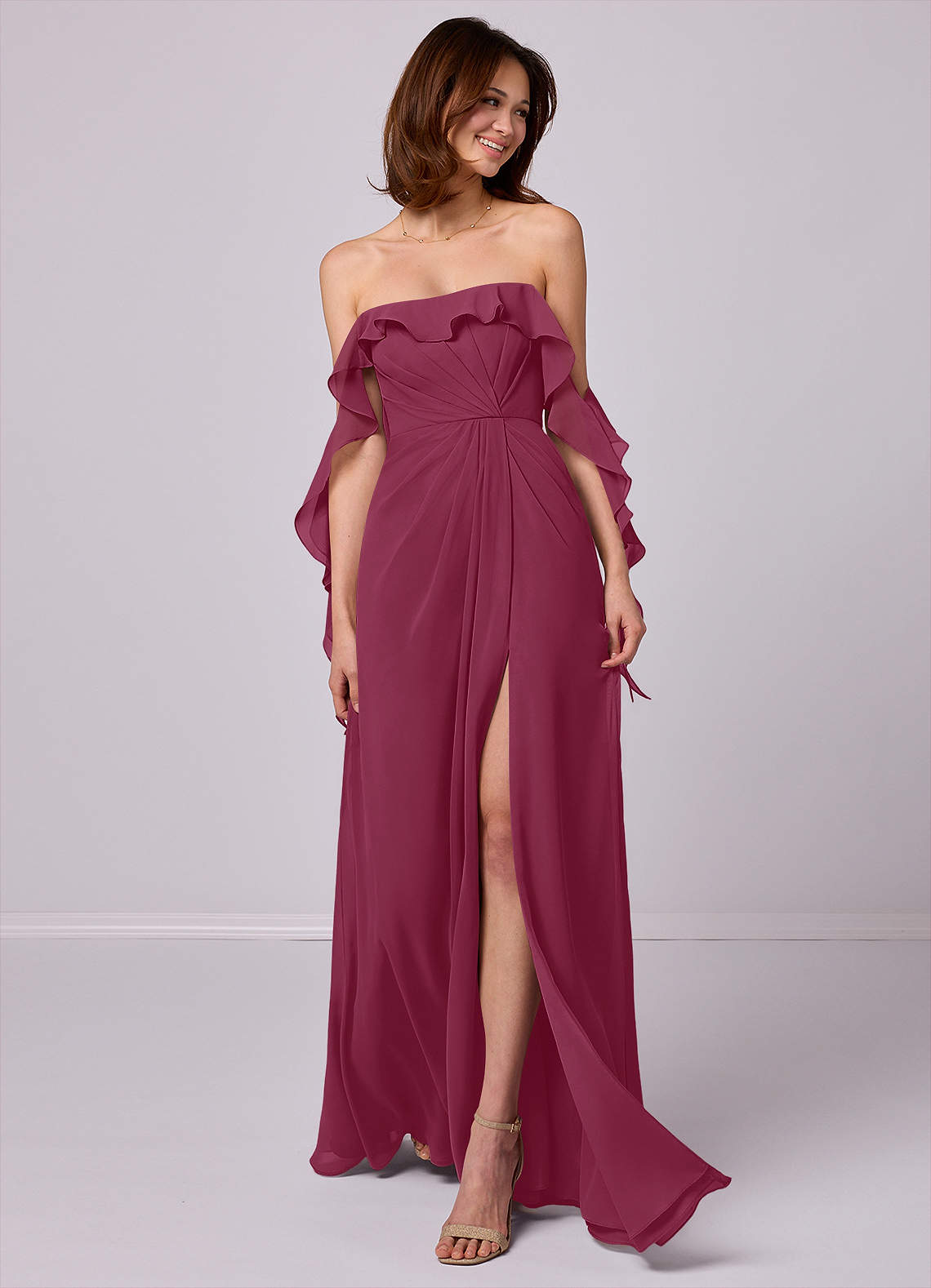 Barbie ♥ Azazie Bridesmaid Dresses Mulberry A-Line Off the Shoulder Chiffon Convertible Dress image1