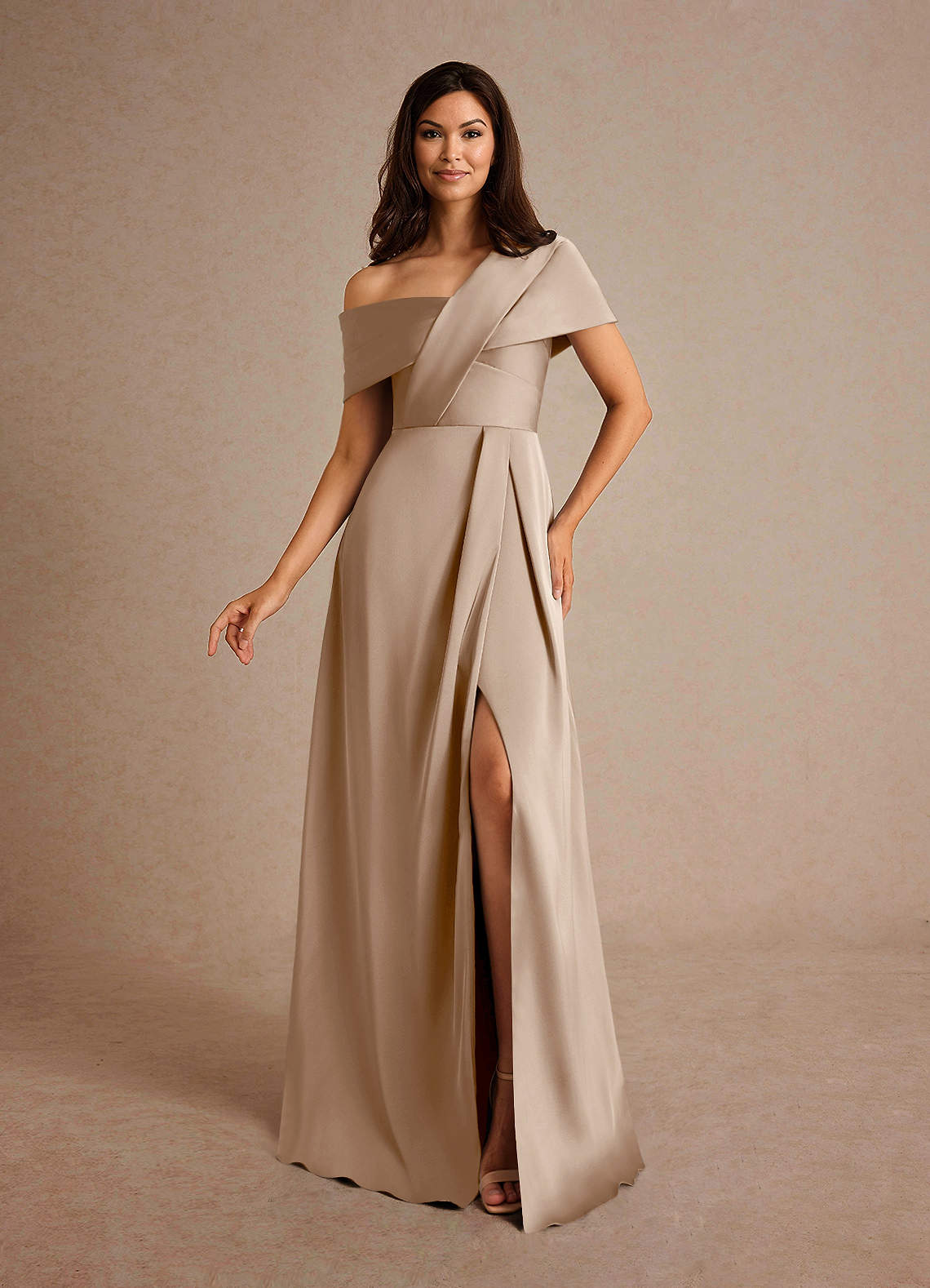 Azazie Milton Mother of the Bride Dresses Taupe A-Line Pleated Stretch Satin Dress image1