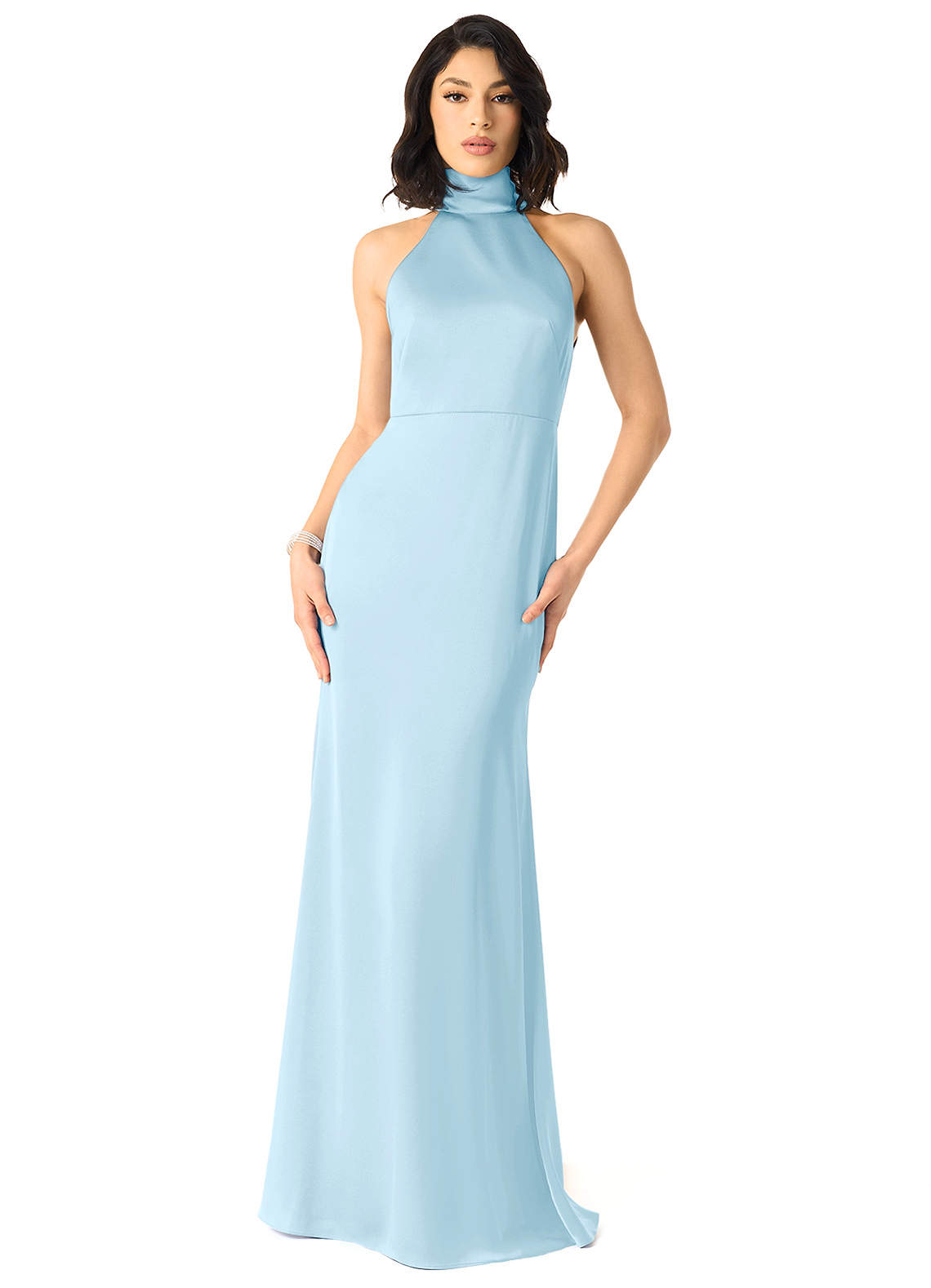 Azazie x Delaney Bridesmaid Dresses Sky Blue Sheath High Neck Stretch Satin Dress image1