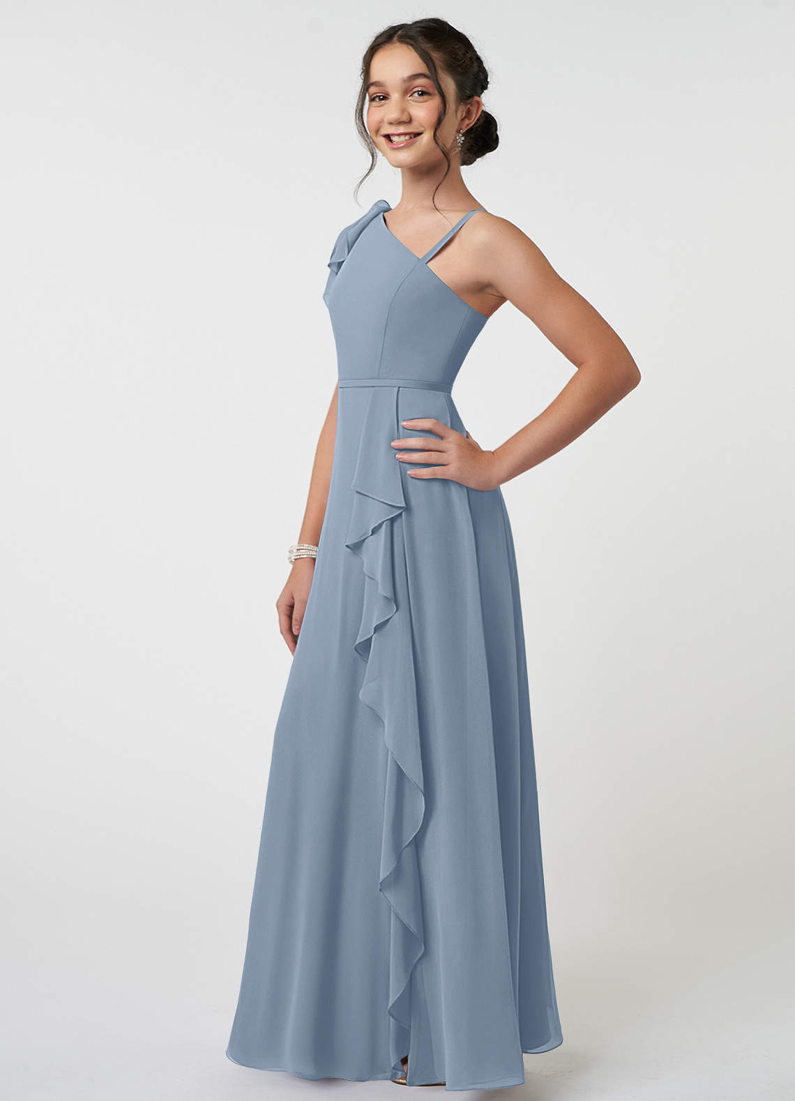 couture junior bridesmaid dresses Duntery V-neck Chiffon Junior Bridesmaid Dress With Bow Straps, Chocolate