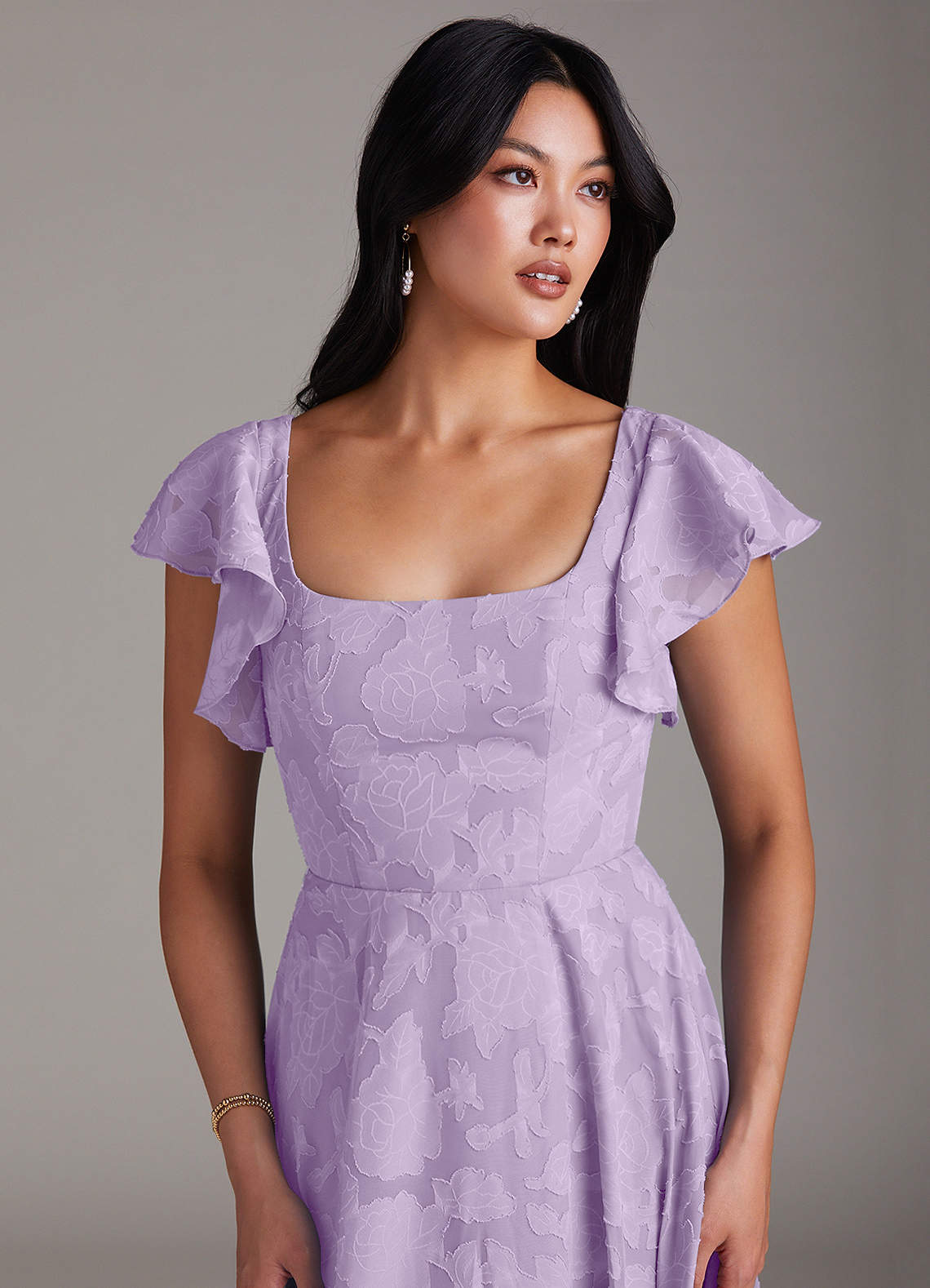 Azazie Bondi Bridesmaid Dresses Lilac A-Line Side Slit Floral Burnout Dress image5