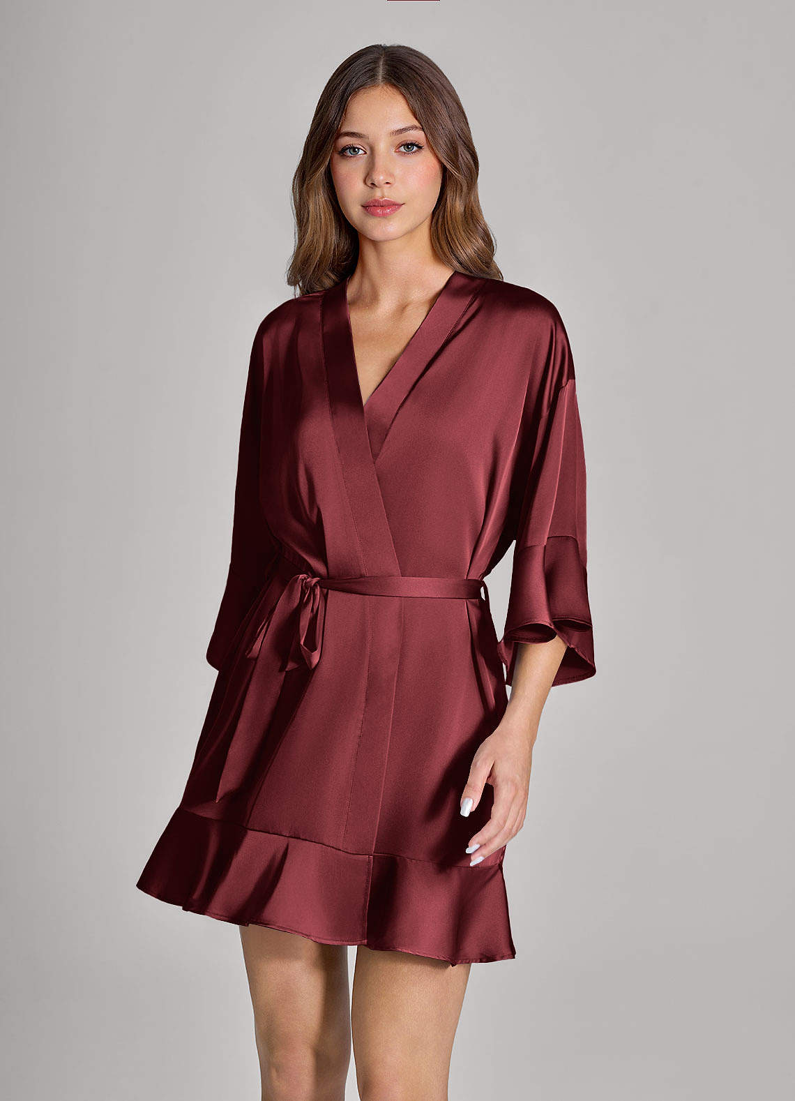 front Matching Color Ruffled Satin Robe
