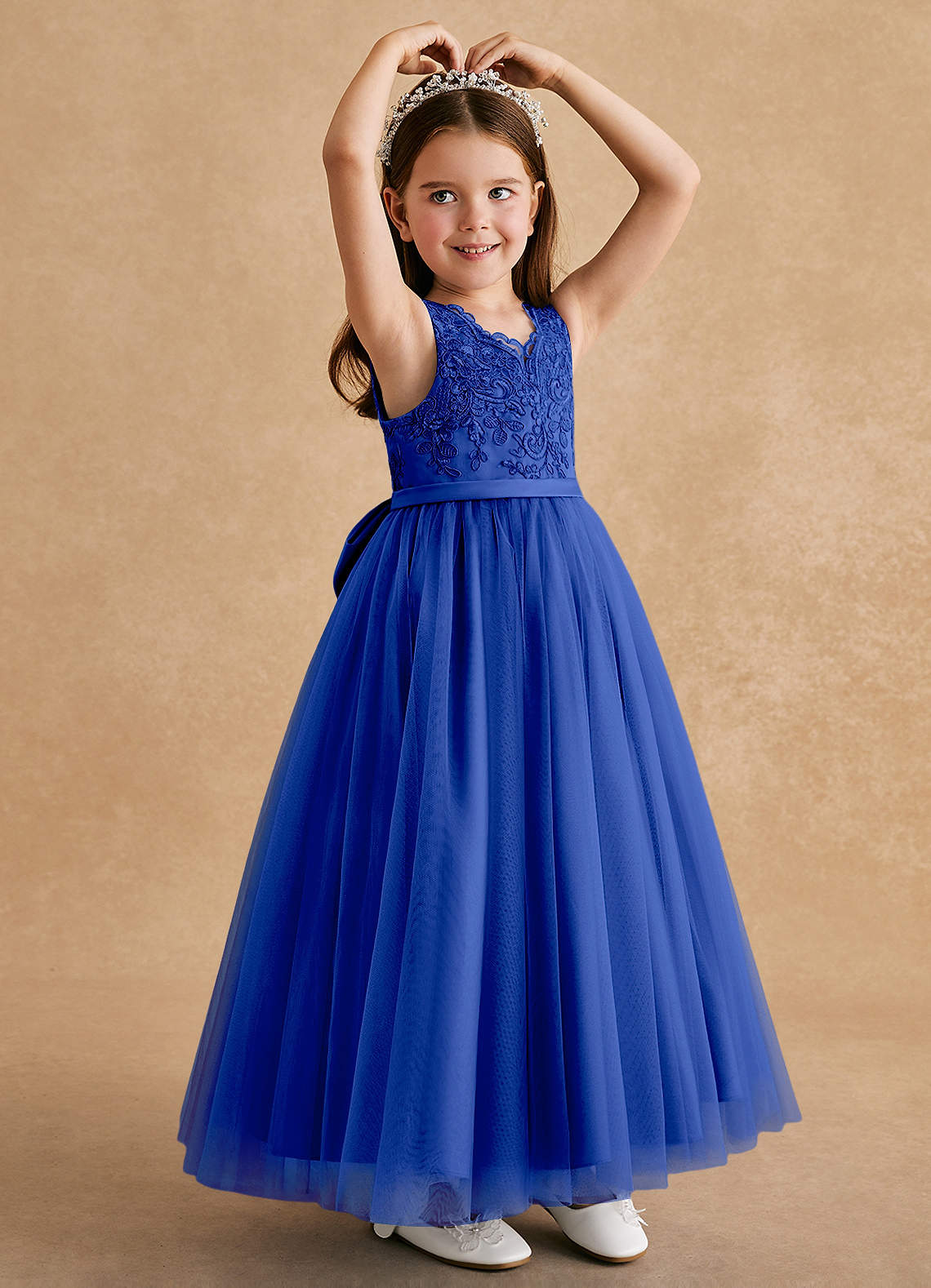 Azazie A-Line/Princess V-Neck Ankle-Length Tulle Flower Girl Dresses - Royal Blue