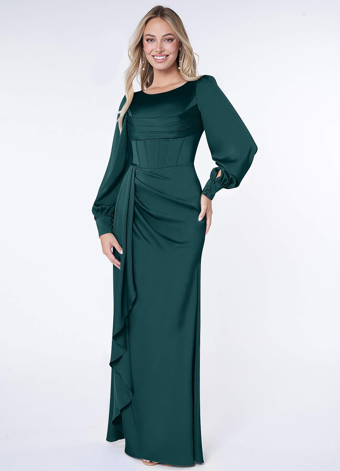 Azazie Raye Bridesmaid Dresses Pine Mermaid Long Sleeve Stretch Satin Dress image1