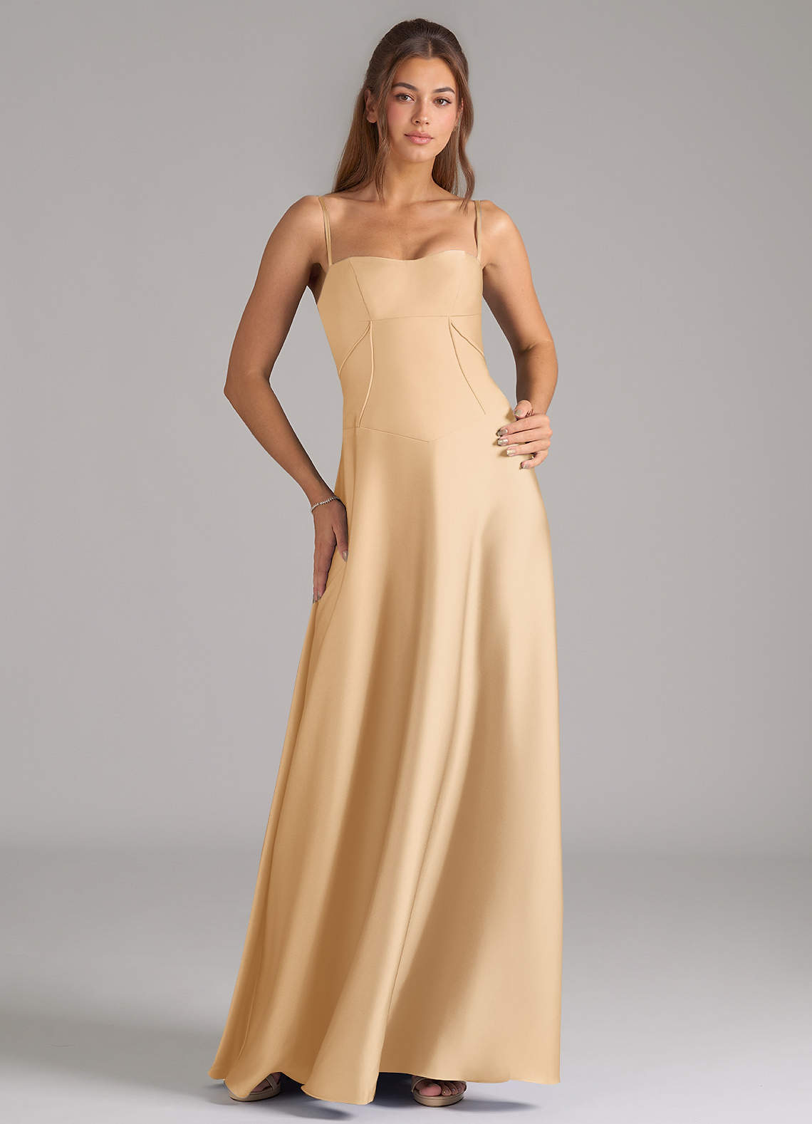 Azazie Valentine Robes de demoiselle d'honneur Robe Trapèze en Satin extensible Corset Or image1
