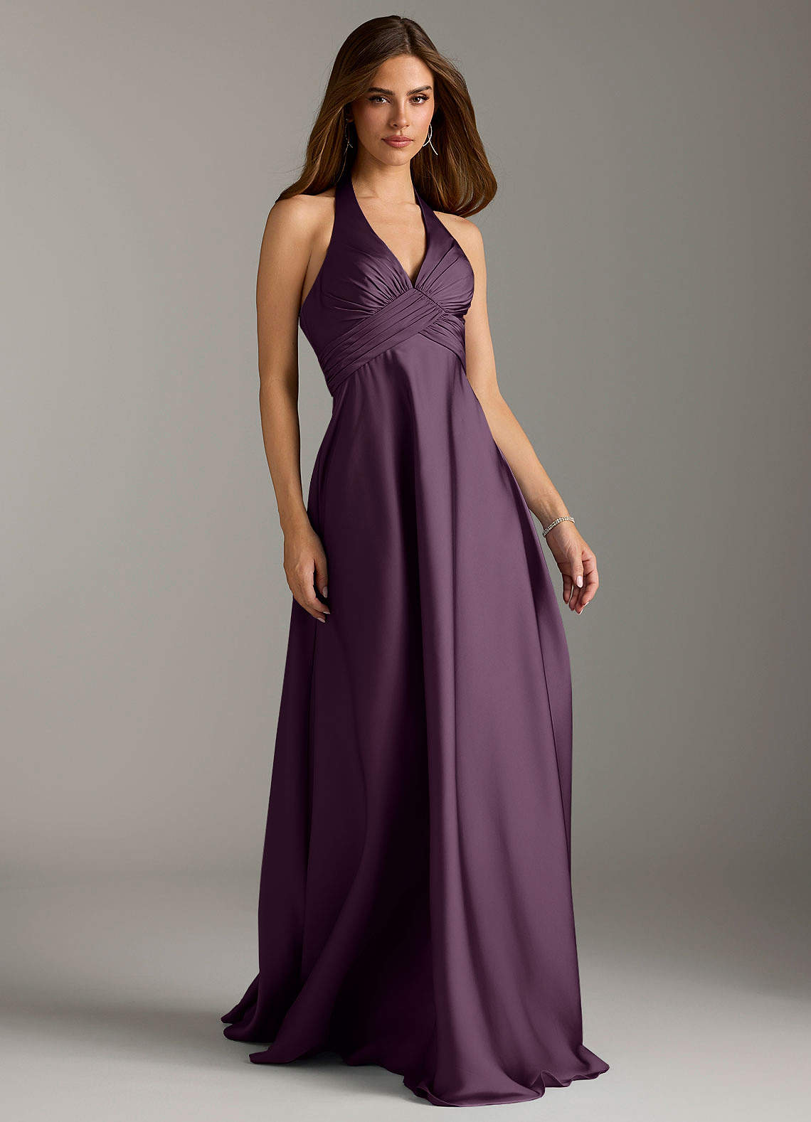 Azazie Tessie Bridesmaid Dresses Plum A-Line Pleated Stretch Satin Dress image1