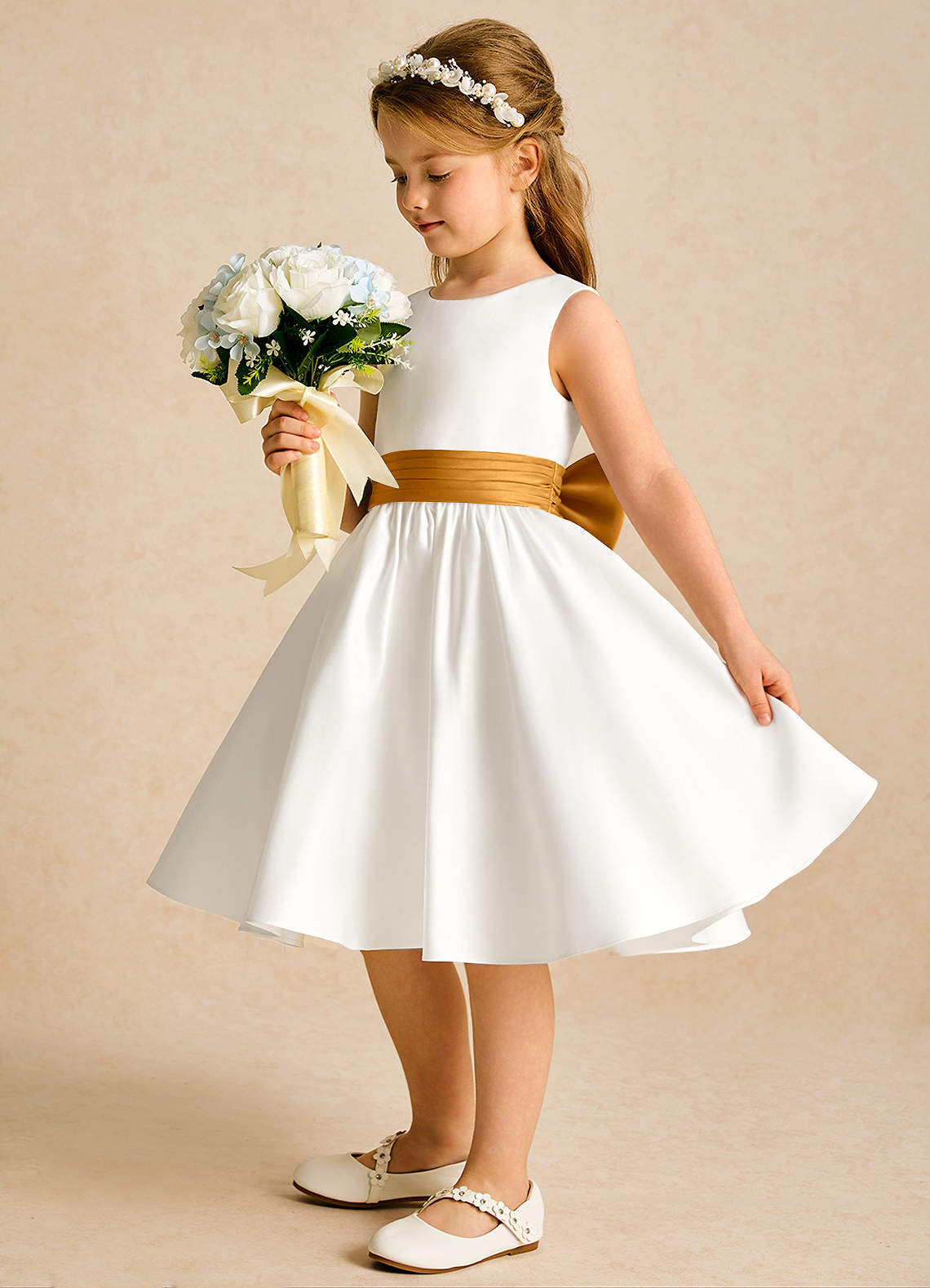 Azazie Sosie Flower Girl Dresses Ivory Butterscotch A-Line Pleated Matte Satin Dress image2