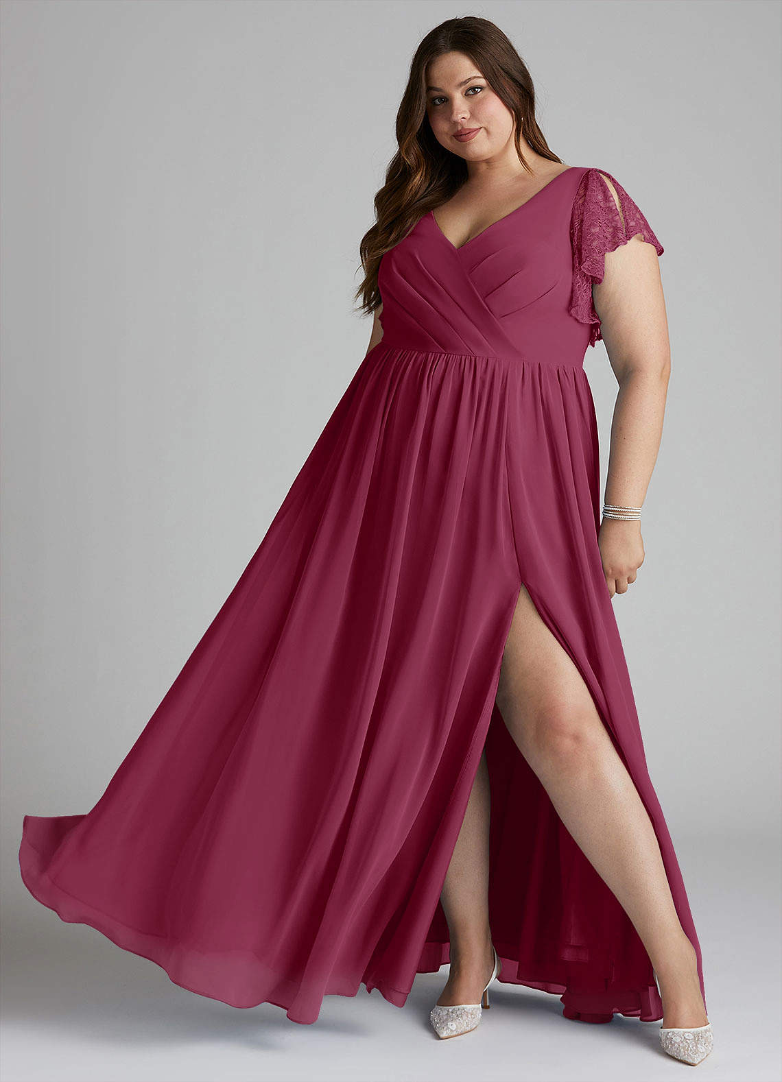 Azazie Zella Robes de demoiselle d'honneur Robe Trapèze en Mousseline de soie Dentelle Mûre image1