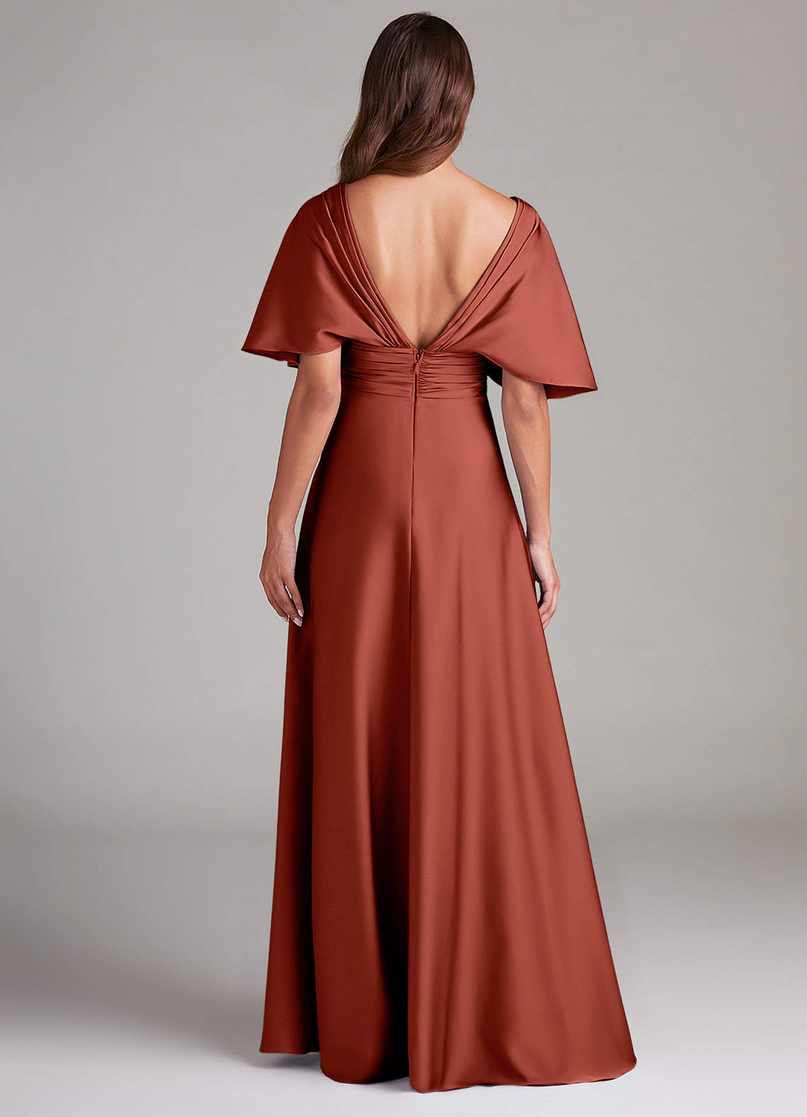 Azazie Pamela Robes de demoiselle d'honneur Robe Trapèze en Satin extensible Plissée Terracotta image1