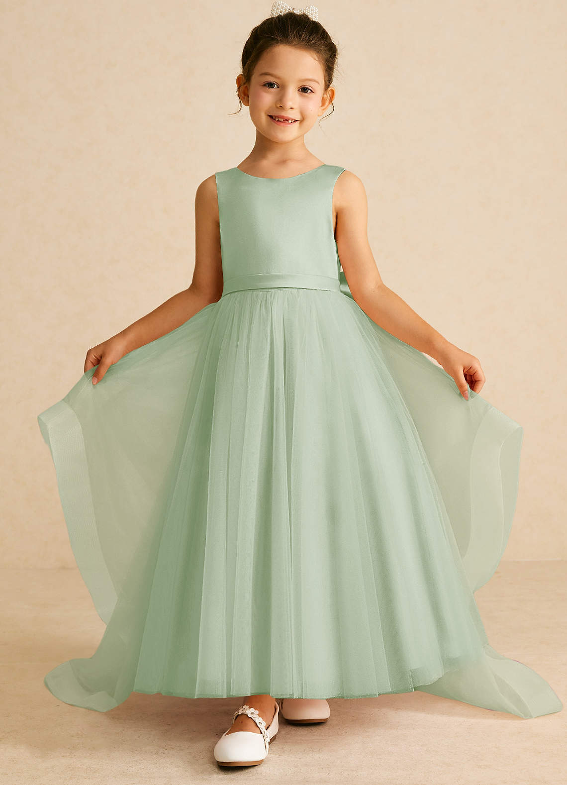 Azazie Pumpkin Flower Girl Dresses Dusty Sage A-Line Bow Tulle Dress image1