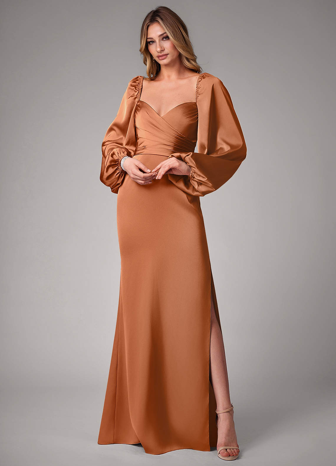 Azazie Sonata Bridesmaid Dresses Copper Sheath Long Sleeve Stretch Satin Convertible Dress image1