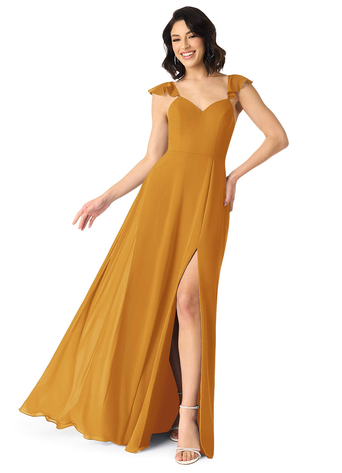 Azazie Everett Bridesmaid Dresses Butterscotch A-Line V-neck Ruched Chiffon Dress image1
