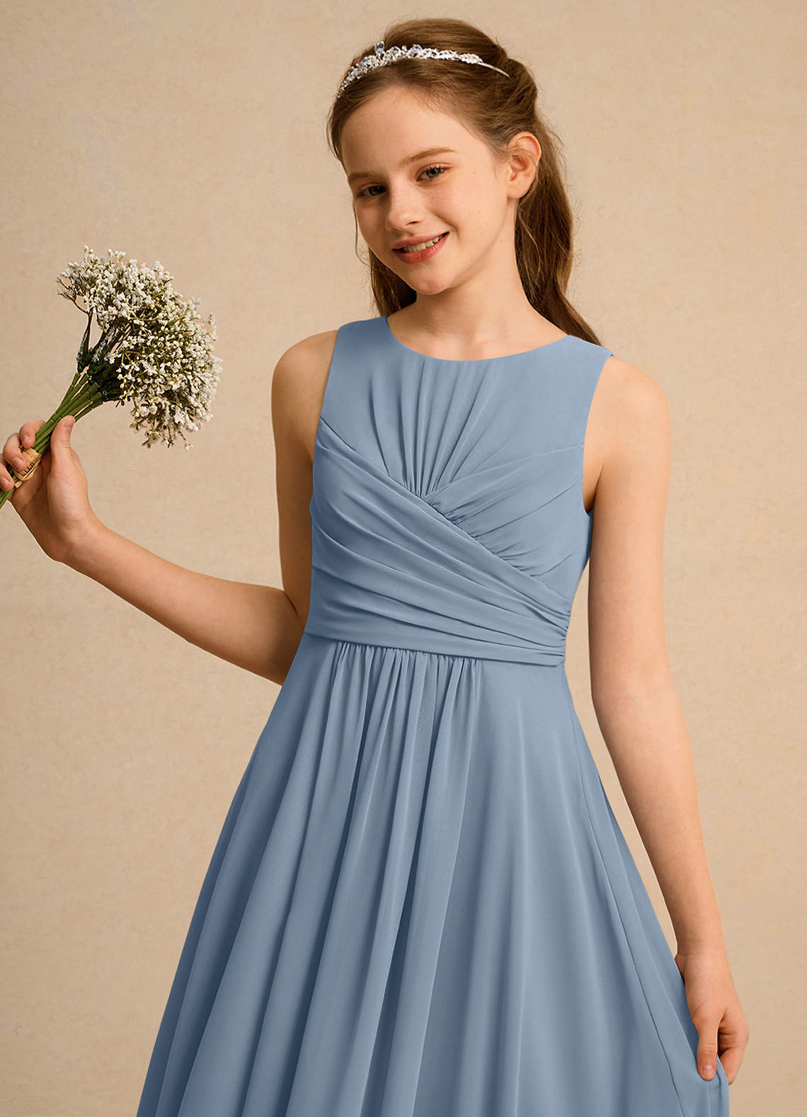 Azazie Ducky Junior Formal Flower Girl Dresses Dusty Blue A-Line Pleated Chiffon Dress image2