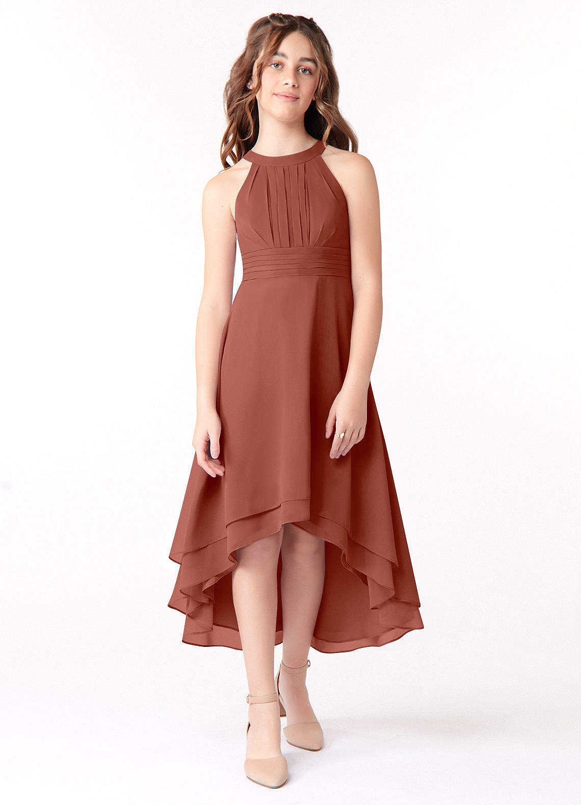 Azazie Linna Junior Auburn A-Line Pleated Chiffon Dress image1