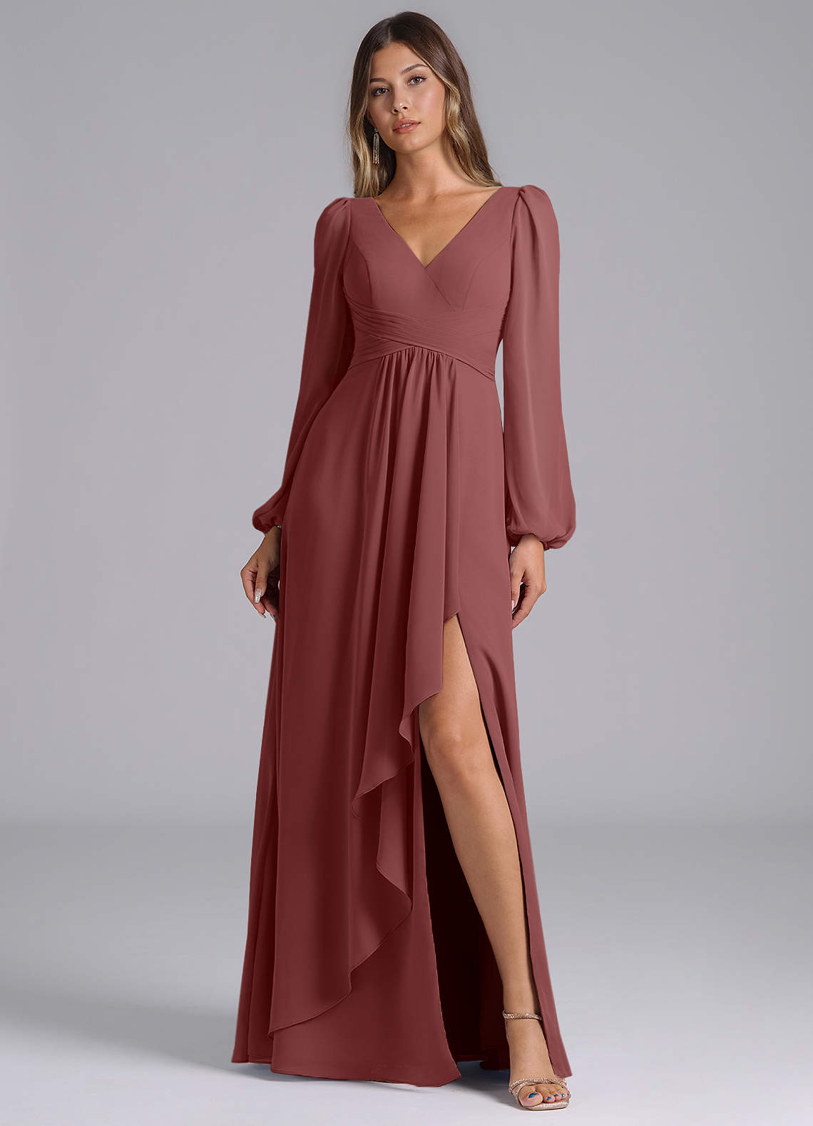 Azazie Omari Bridesmaid Dresses Amethyst A-Line Long Sleeve Chiffon Dress image1
