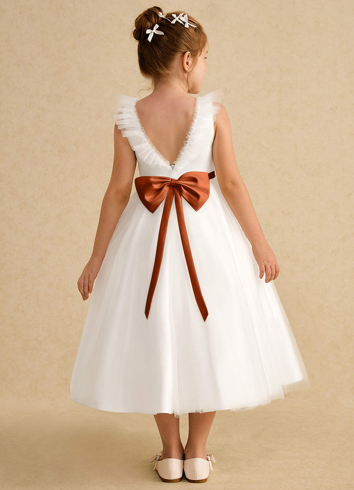 Azazie Amber vestidos de niña de las flores Vestido de Marfil Naranja Quemado de Tul de Corte En A con Lazo image1