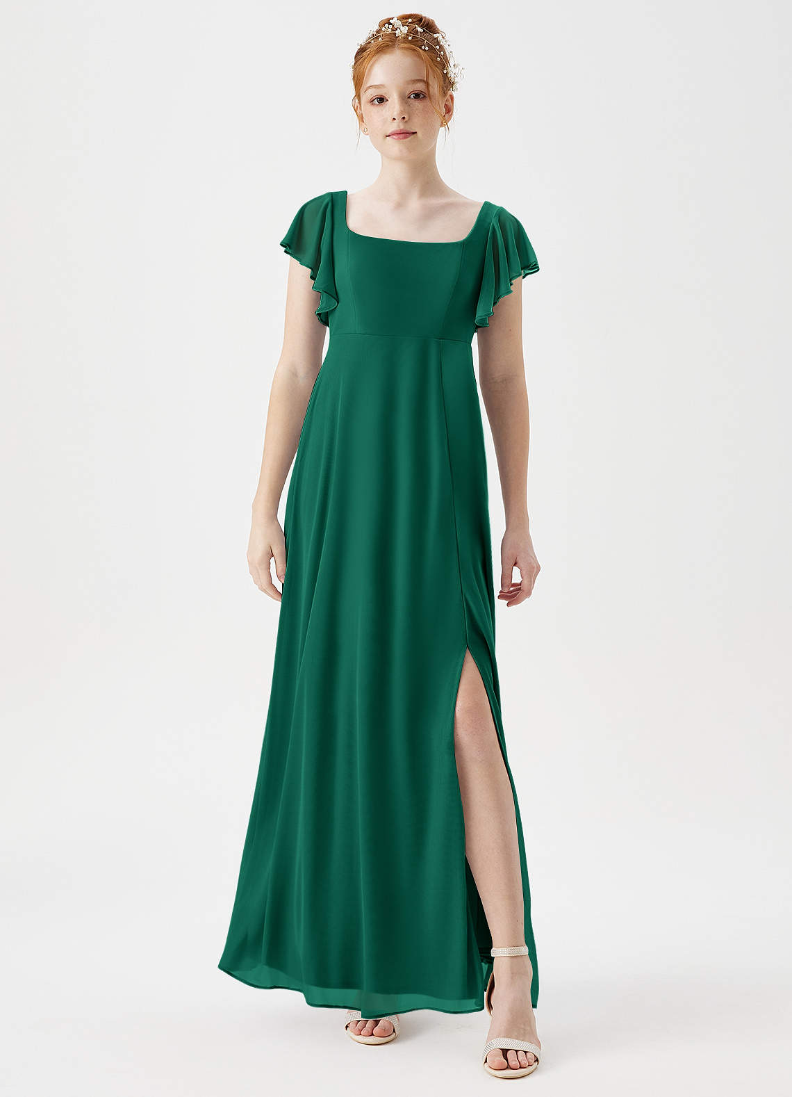 Azazie Bondi Junior A-Linie Seitliche Cut-Outs Gittergewebe Kleid Smaragd image1