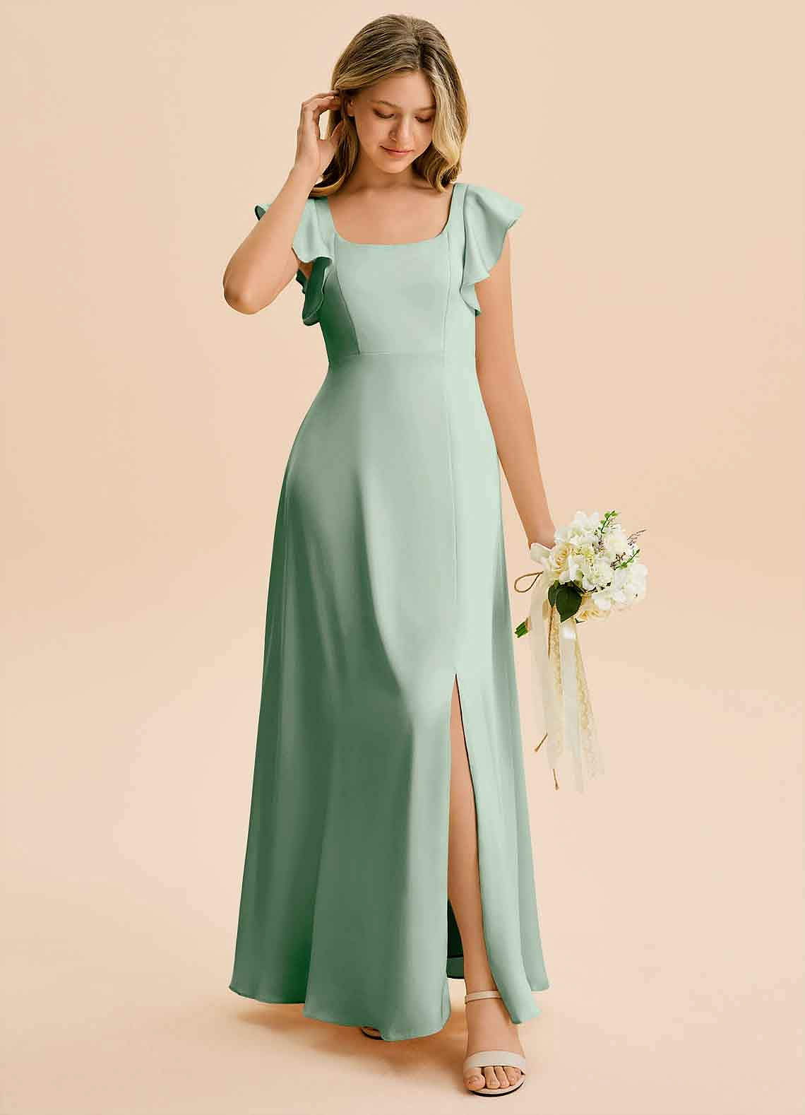 Azazie Bondi Junior Agave A-Line Side Slit Stretch Satin Dress image2