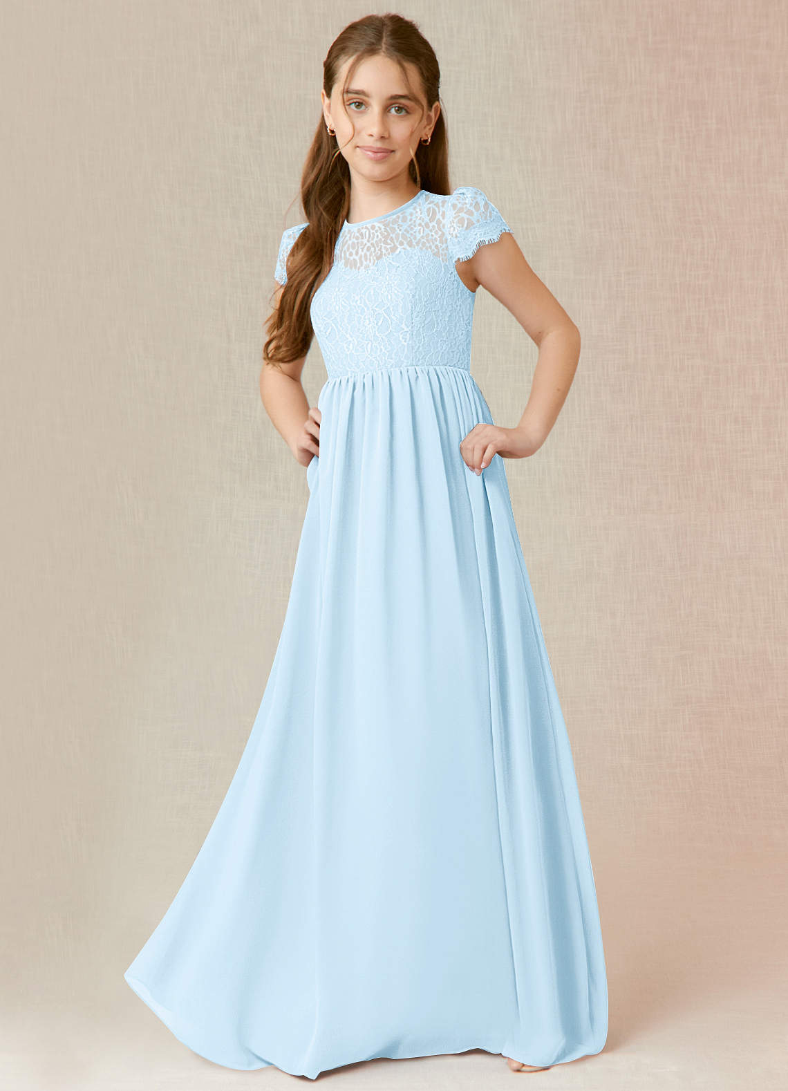 Azazie Delevingne Junior Vestido de Azul Cielo de Gasa de Corte en A con Encaje image1