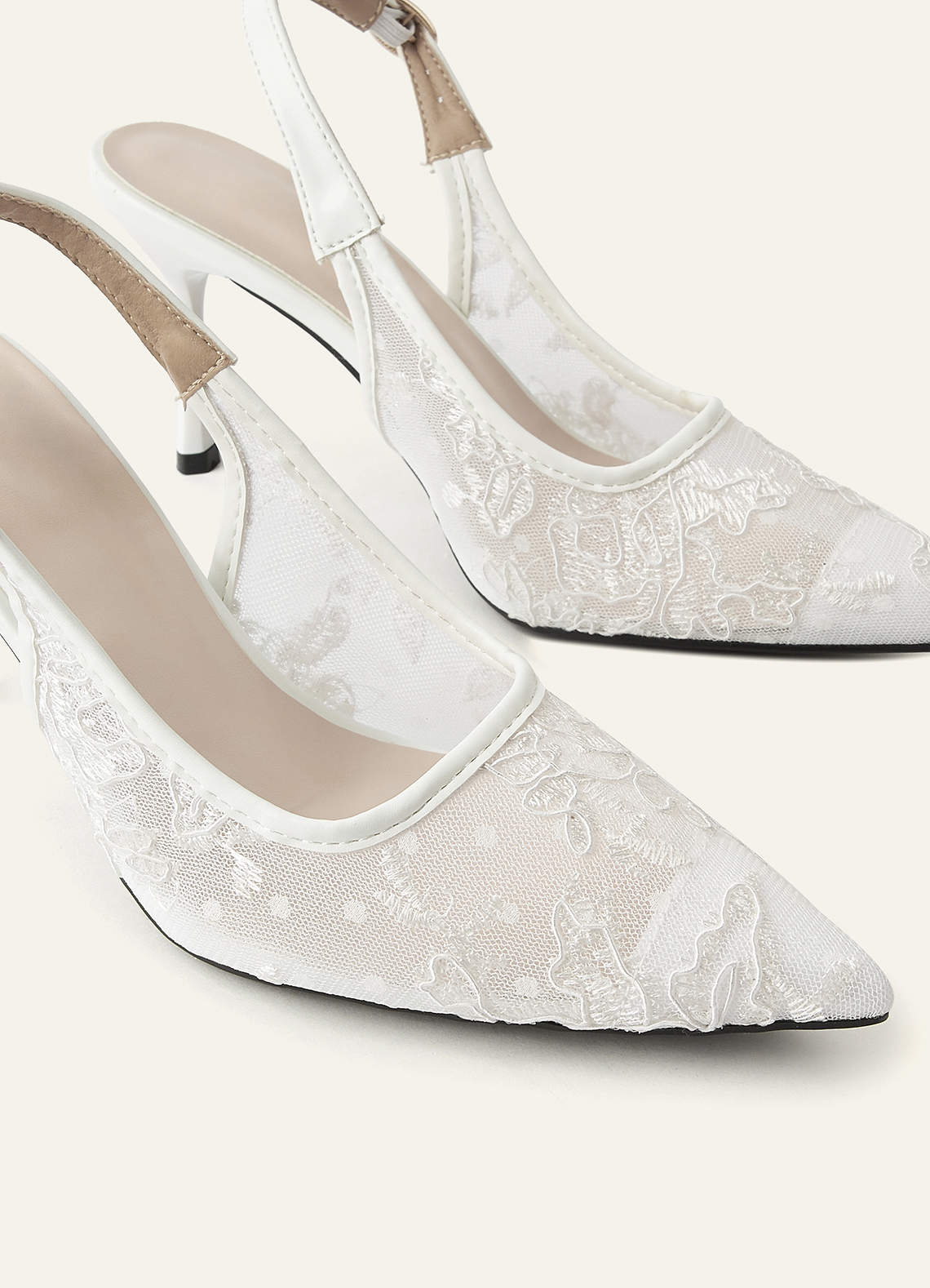 front Embroidered Tulle Pointed Toe Slingback Heels