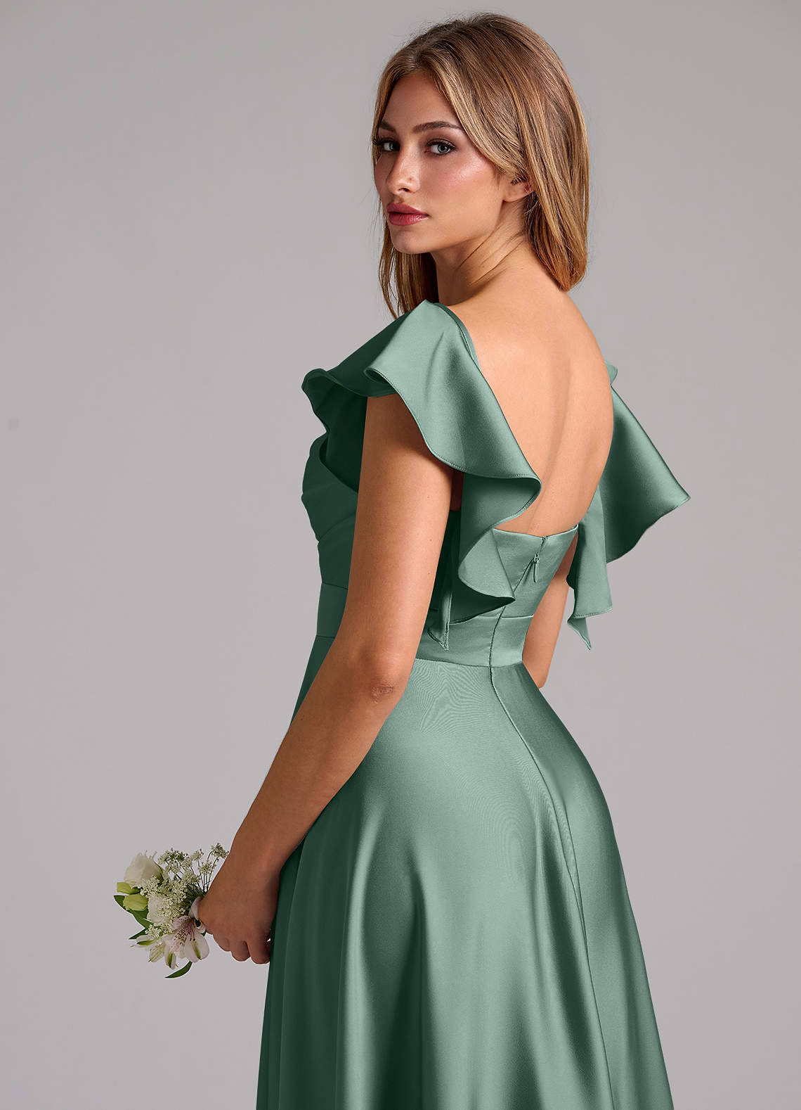 Azazie Leilani Bridesmaid Dresses Eucalyptus A-Line Ruched Stretch Satin Dress image8