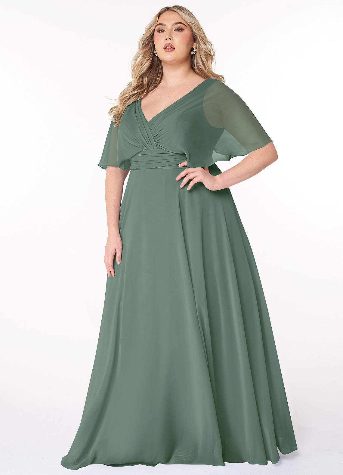 Azazie Pamela Robes de demoiselle d'honneur Robe Trapèze en Mousseline de soie Col V plissé Eucalyptus image1