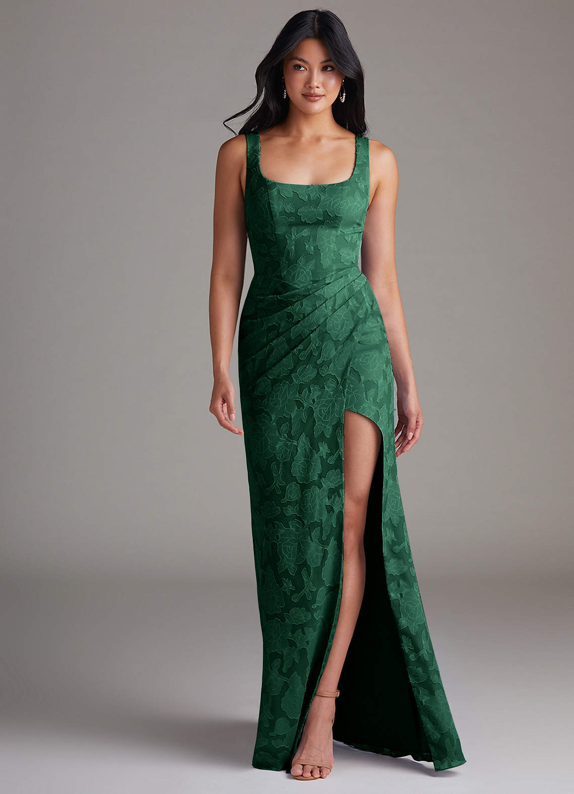 Azazie Mero Bridesmaid Dresses Dark Green Sheath Pleated Floral Burnout Dress image3