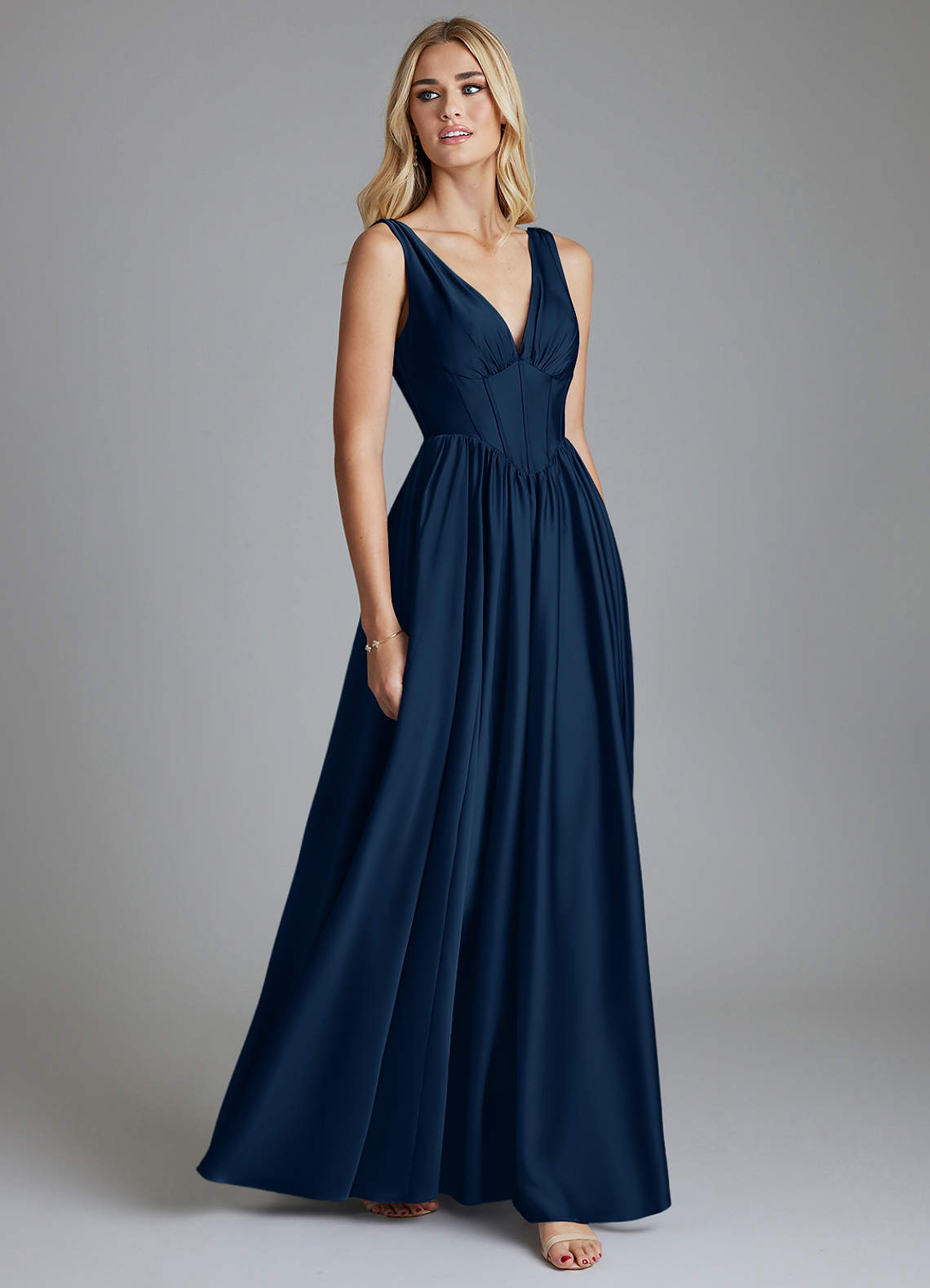 Azazie Delmie Vestidos de madrinha de casamento Vestido Azul Marinho de Cetim elástico de Linha A com Corpete image4