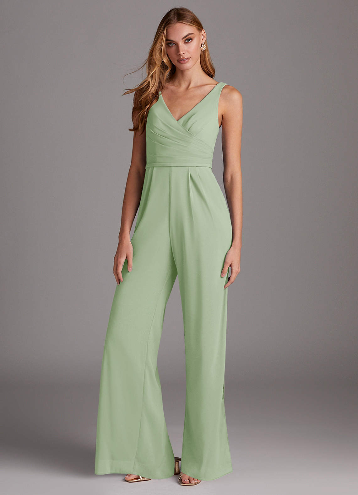 Azazie Ida Jumpsuit Ready to Ship Dusty Sage Stretch Chiffon