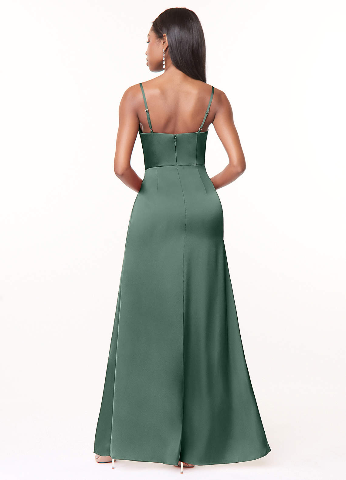 Azazie Maci Bridesmaid Dresses Eucalyptus A-Line V-Neck Pleated Stretch Satin Dress image1