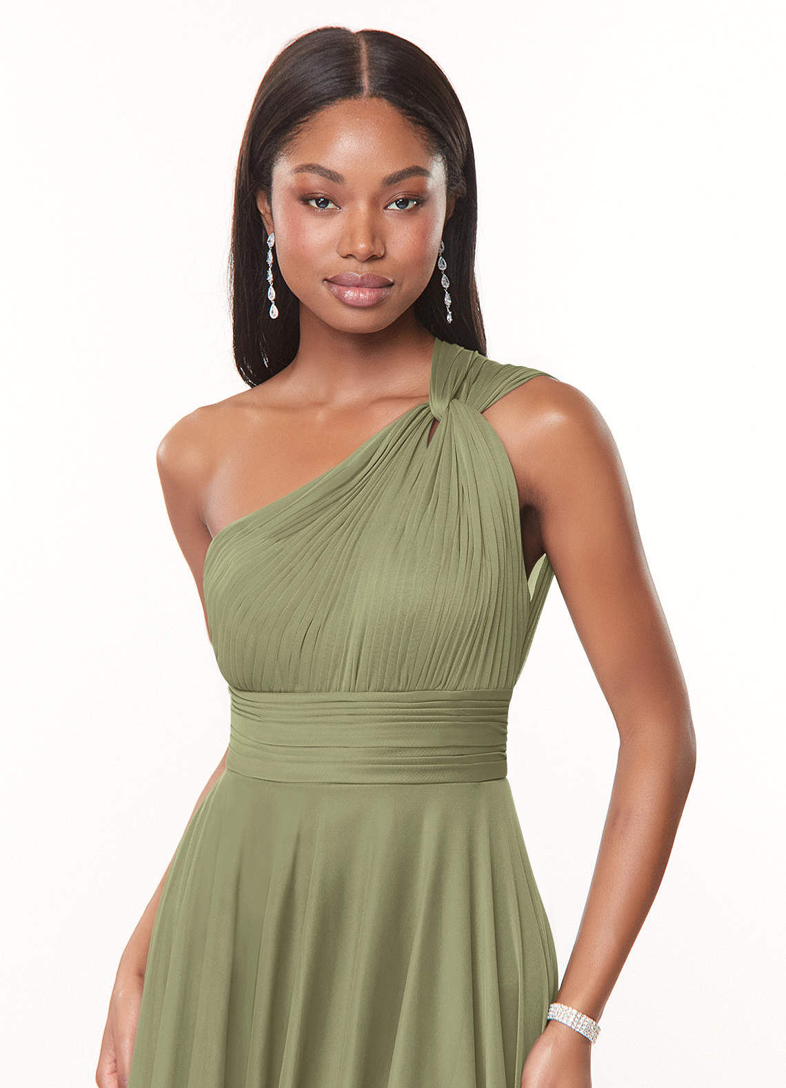 Azazie Charlize Bridesmaid Dresses Pistachio A-Line One Shoulder Mesh Dress image4