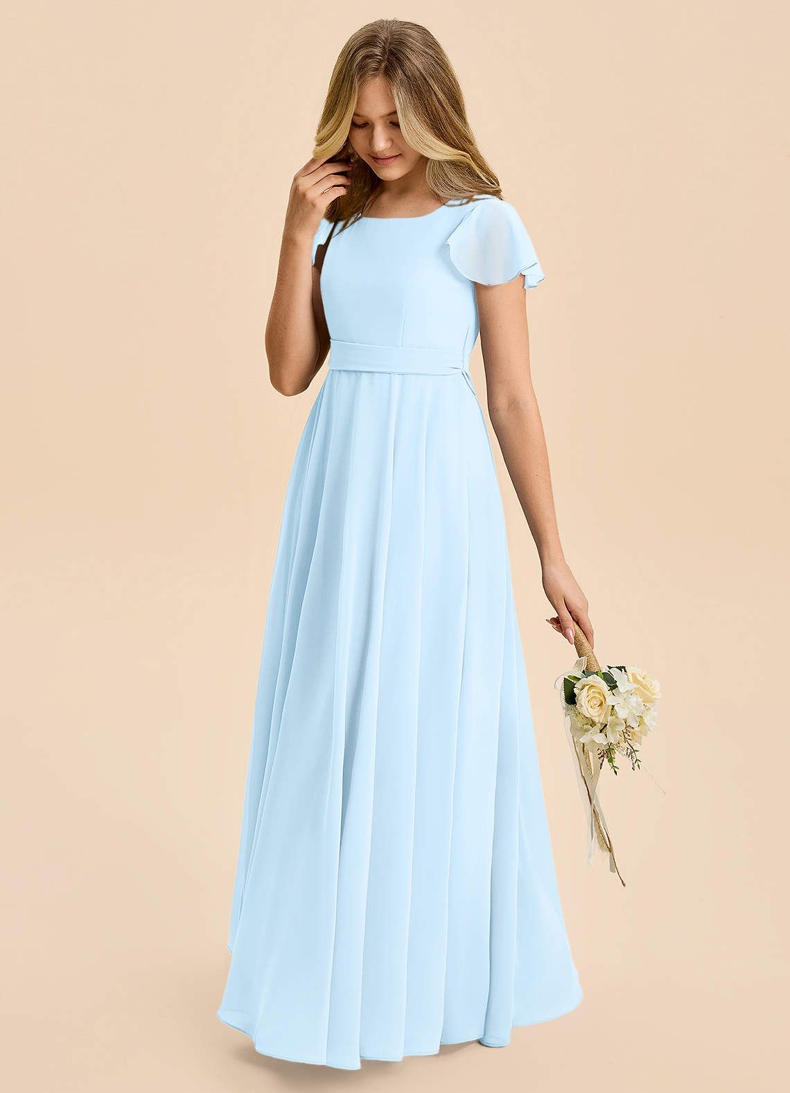 Azazie Cady Junior Sky Blue A-Line Pleated Chiffon Dress image4