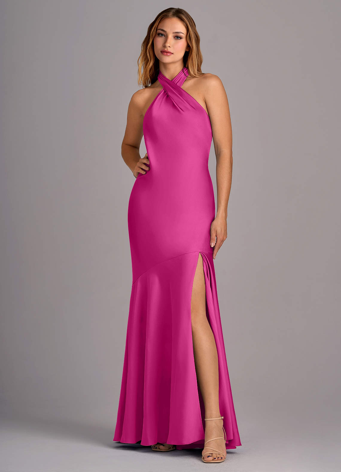 Azazie Lorena Bridesmaid Dresses Fuchsia Mermaid Pleated Stretch Satin Dress image1