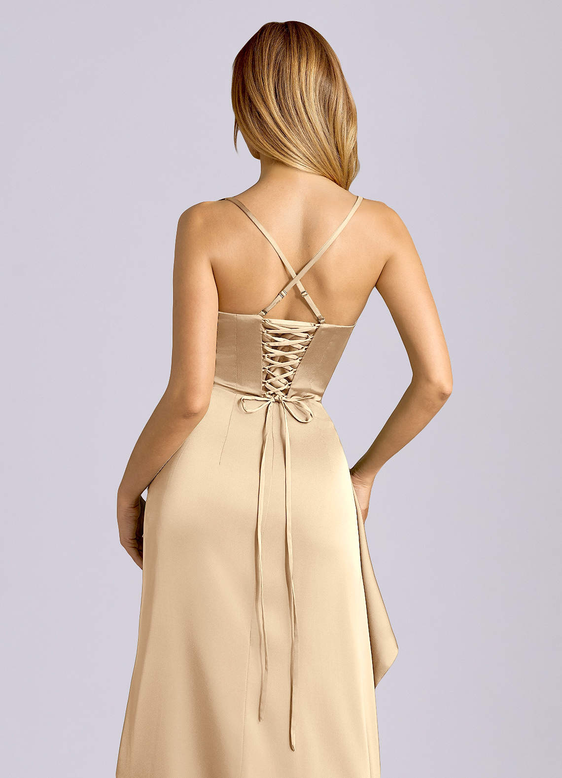 Azazie Sarai Champagne Stretch Satin Bridesmaid Dresses | Azazie