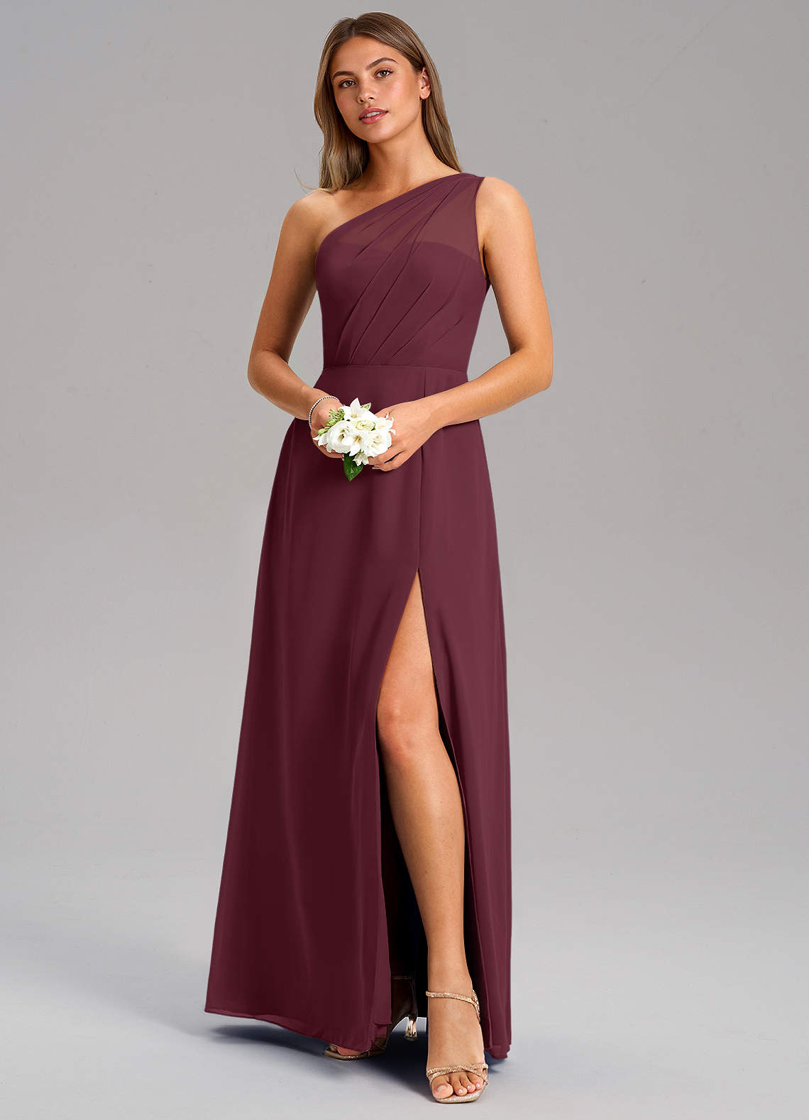 Azazie Phaedra Vestidos de madrinha de casamento Vestido Cabernet de Chiffon de Linha A com Um ombro image3