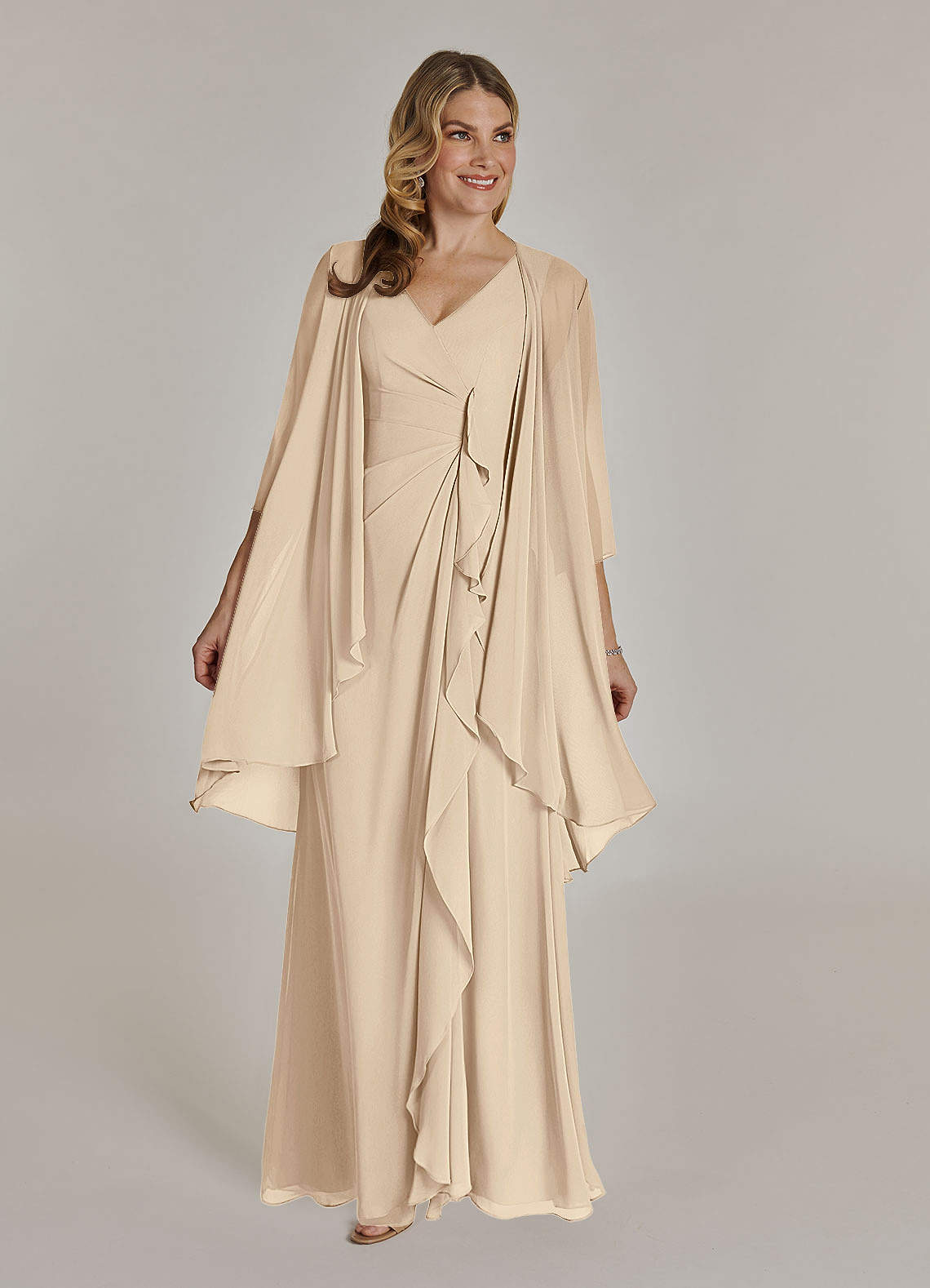 Azazie Manuella Kleider für die Brautmutter A-Linie V-Hals Gefaltet Chiffon Kleid Champagner image1