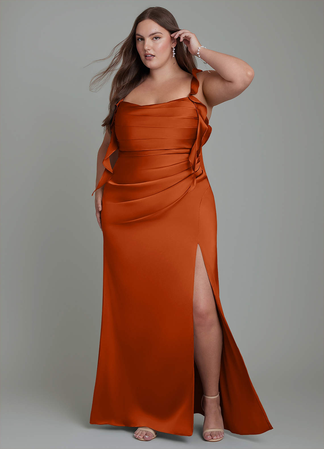 Azazie Jessamine Bridesmaid Dresses Burnt Orange Sheath Corset Stretch Satin Dress image10