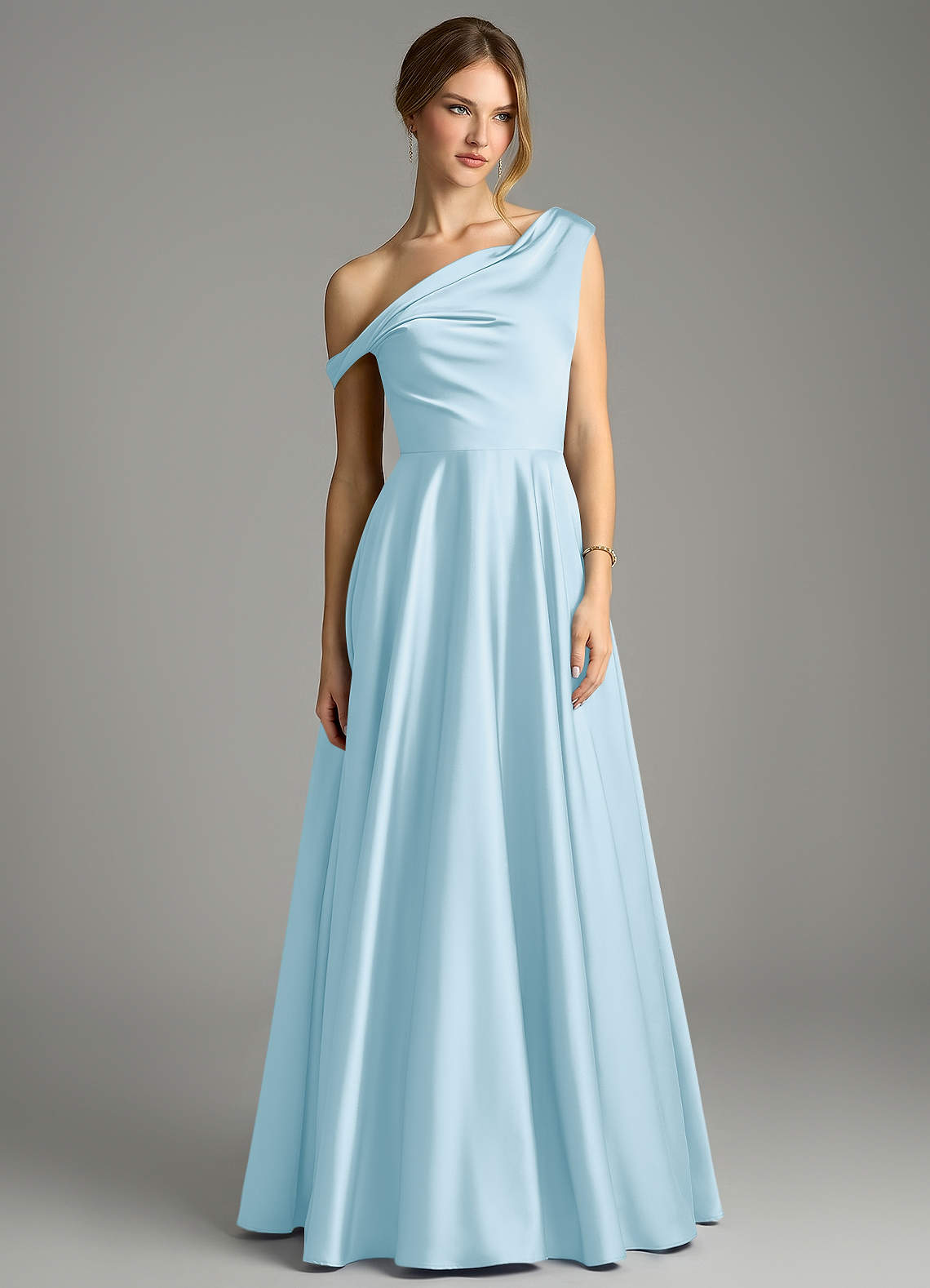 Azazie Xanthe Jurken voor bruidsmeisjes Jurk van Stretch Satijn met A-Lijn Off the Shoulder Hemelsblauw image2