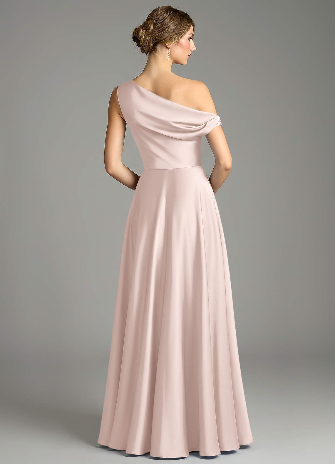 Azazie Xanthe Bridesmaid Dresses Blushing Pink A-Line Off the Shoulder Stretch Satin Dress image1