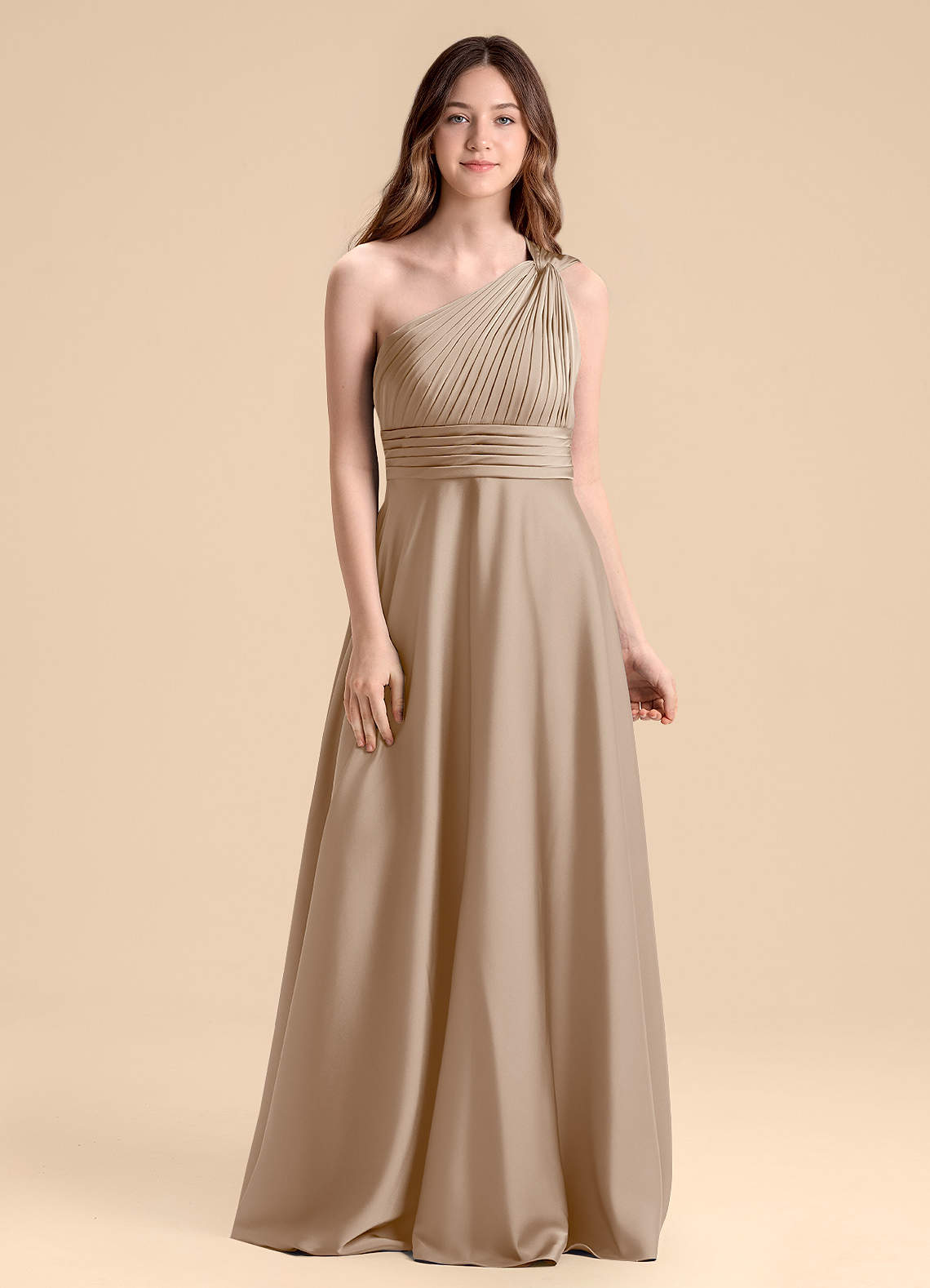 Azazie Charlize Junior Taupe A-Line Pleated Stretch Satin Dress image1