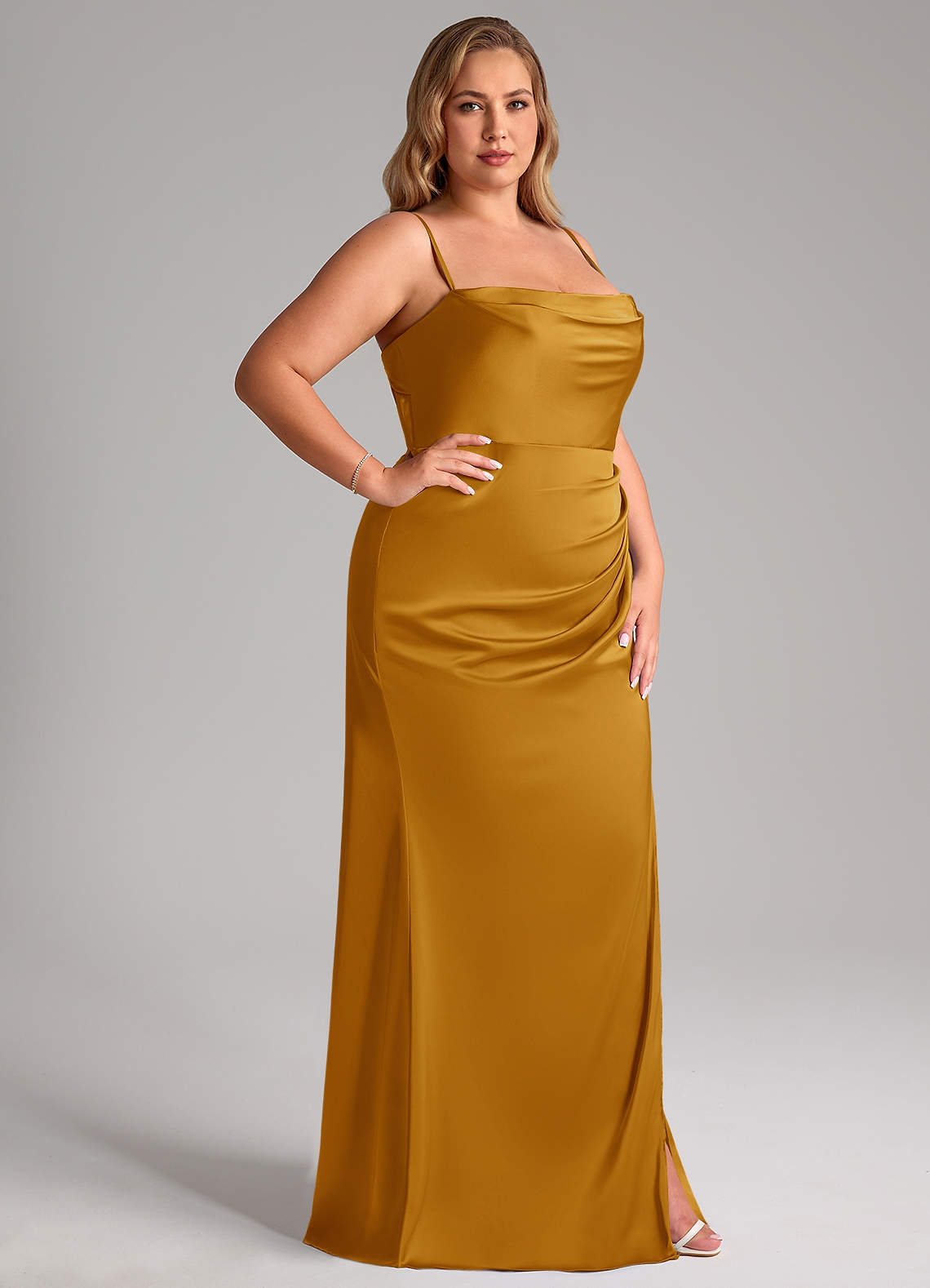 Azazie Leonis Butterscotch Stretch Satin Bridesmaid Dresses | Azazie