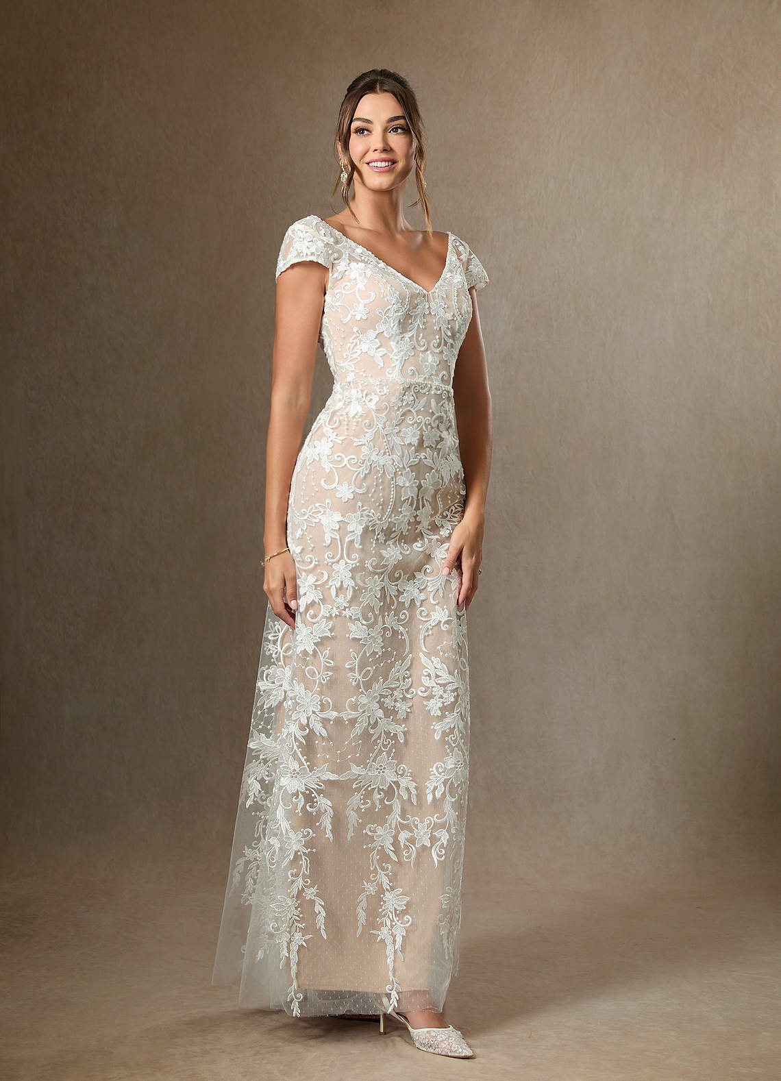 Azazie Devonna Wedding Dresses Diamond White Champagne Sheath V-Neck Sequins Lace Dress image3