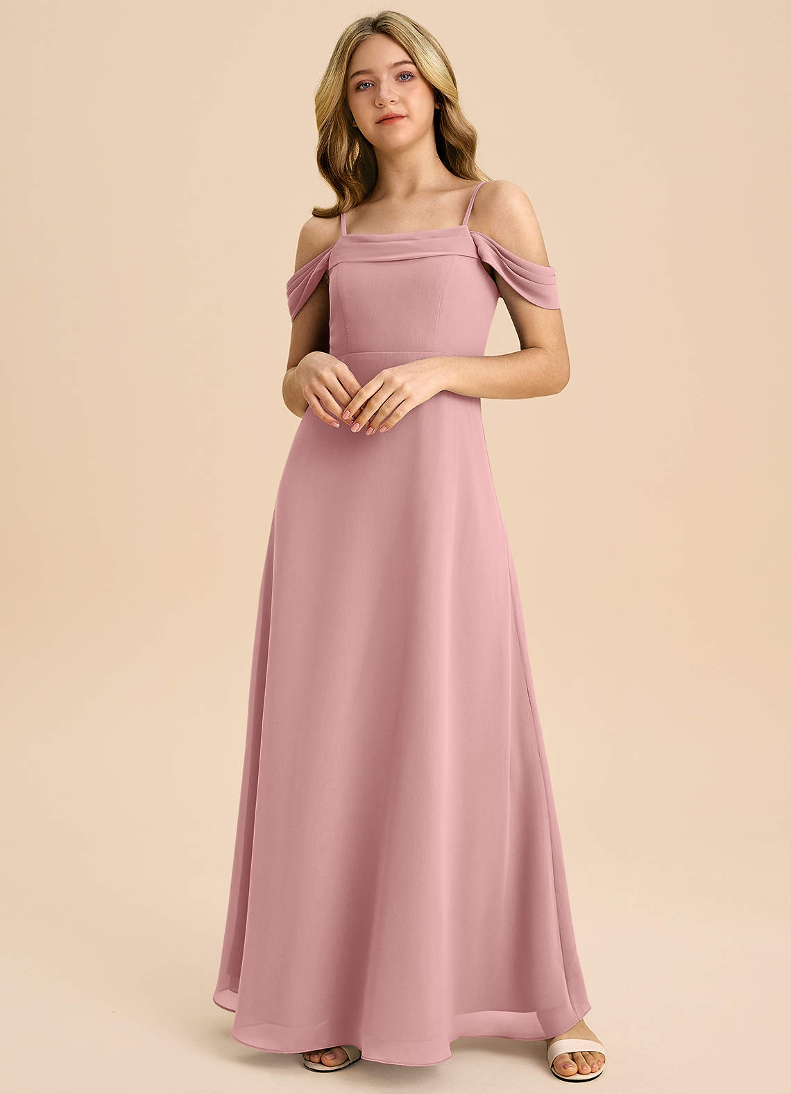 Azazie Anselie Junior A-Line Off-Shoulder Chiffon Gulv-længde Junior brudepige Kjole image2