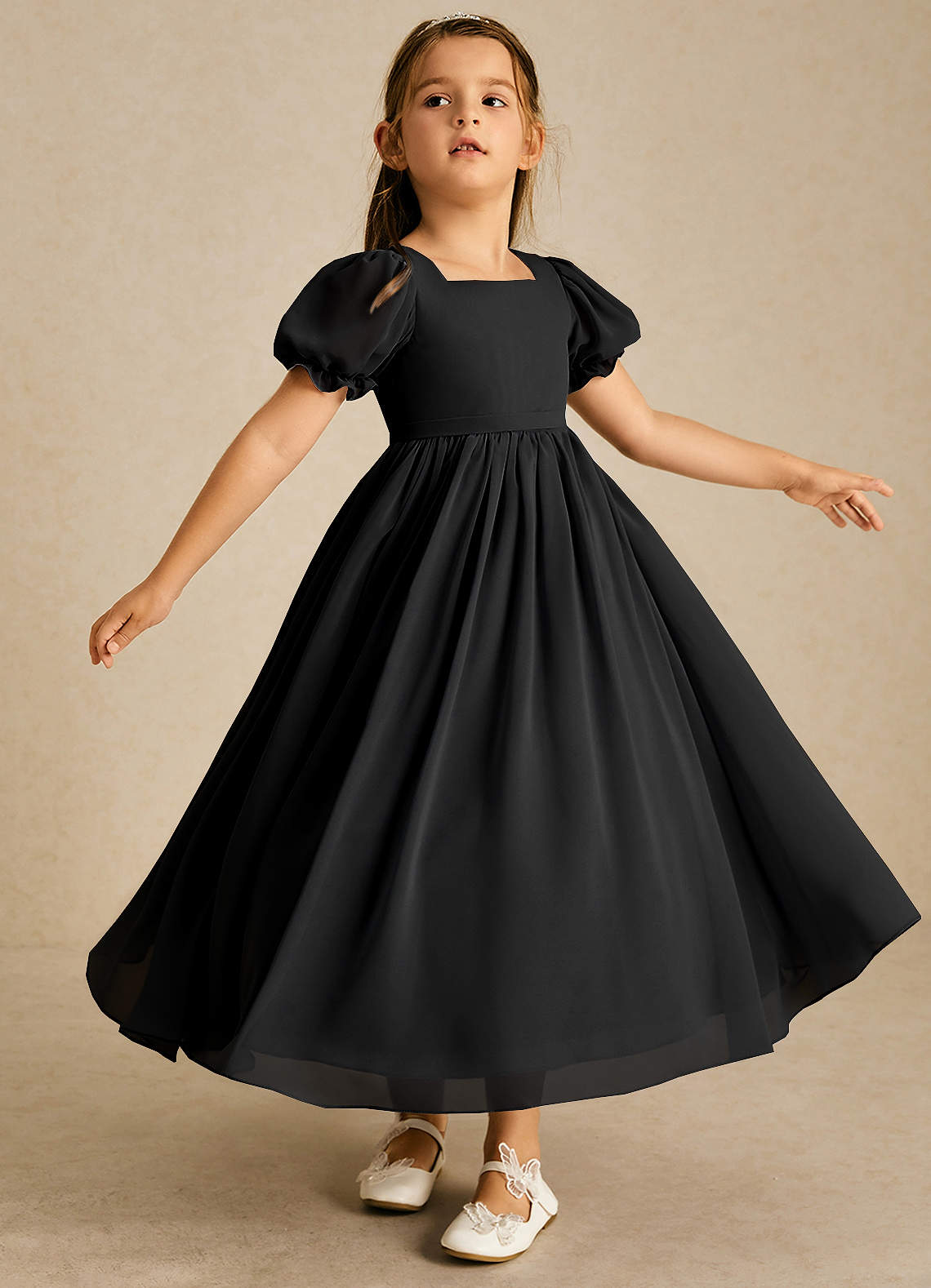 Azazie Joss Flower Girl Dresses Black A-Line with Sleeves Chiffon Dress image2