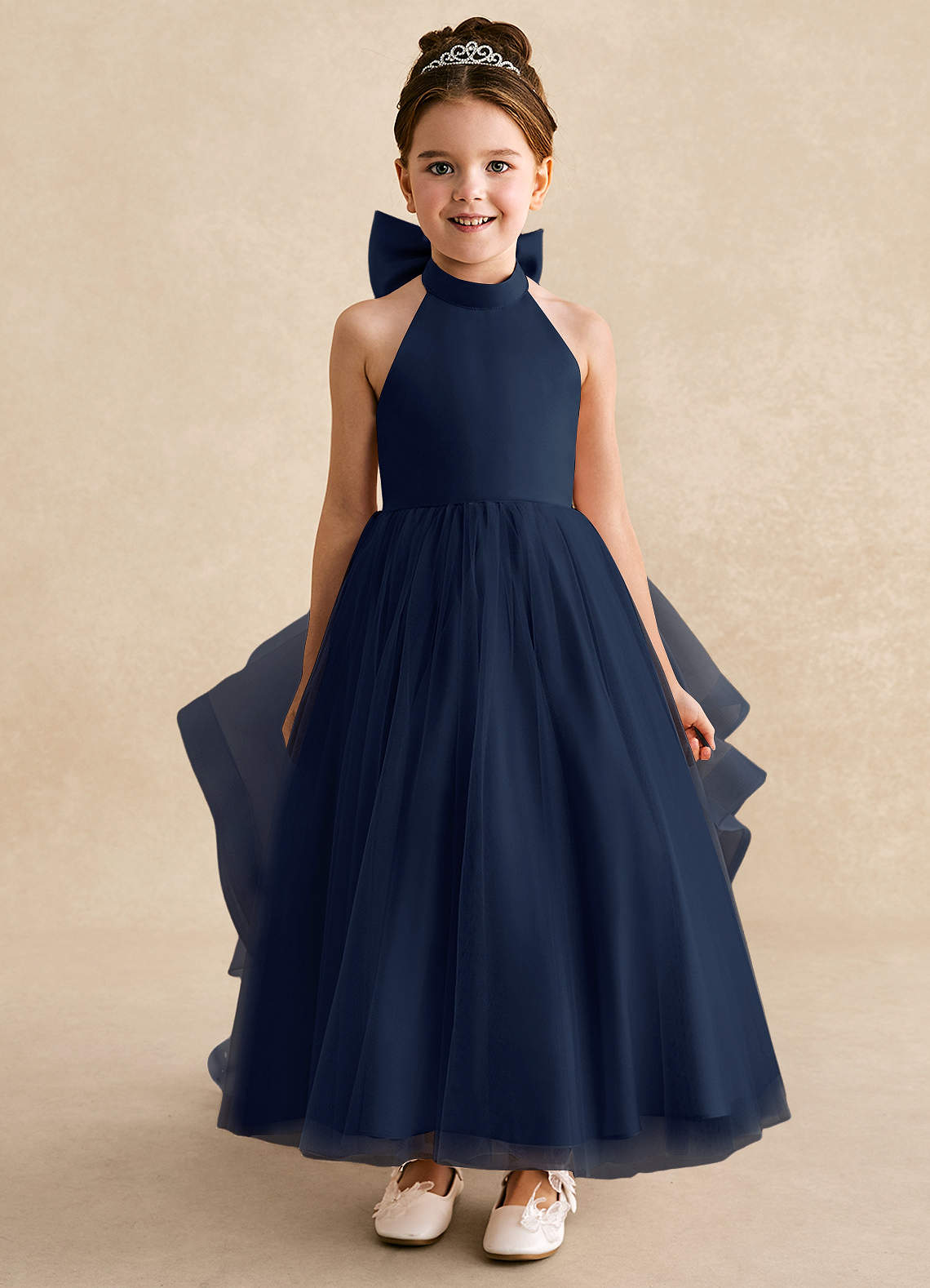 Azazie Bev Flower Girl Dresses Dark Navy A-Line Convertible Tulle Dress image2