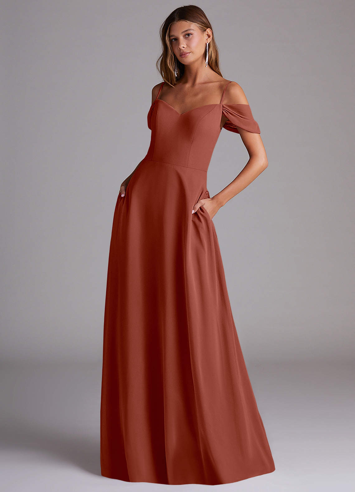 Azazie Marley Bridesmaid Dresses Auburn A-Line Off the Shoulder Chiffon Convertible Dress image1