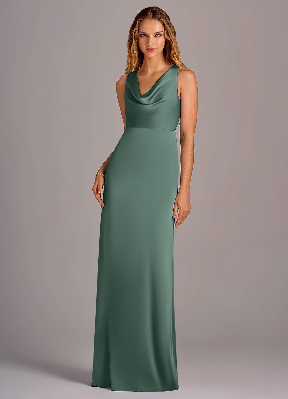 Azazie Wrenlee Bridesmaid Dresses Eucalyptus A-Line Stretch Satin Dress image1
