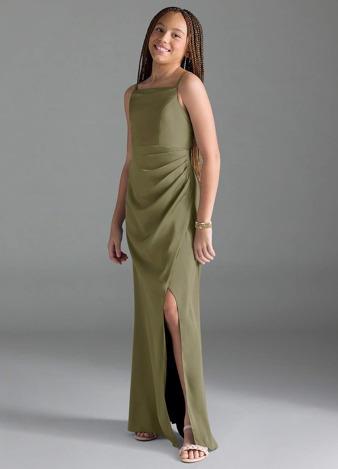 Azazie Leonis Junior Pistachio A-Line Pleated Stretch Satin Dress image3